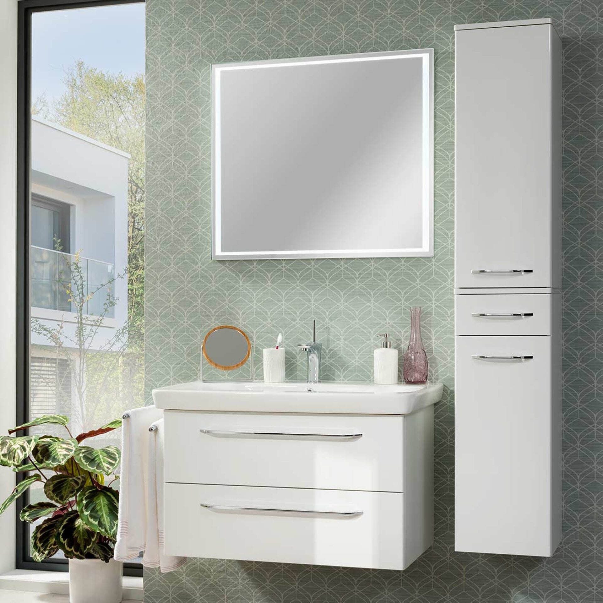 FACKELMANN MILANO Waschtisch Set mit Spiegel 88 cm breit, Weiß, Waschbecken Keramik FACKELMANN MILANO Waschtisch Set mit Spiegel 88 cm breit, Weiß, Waschbecken Keramik