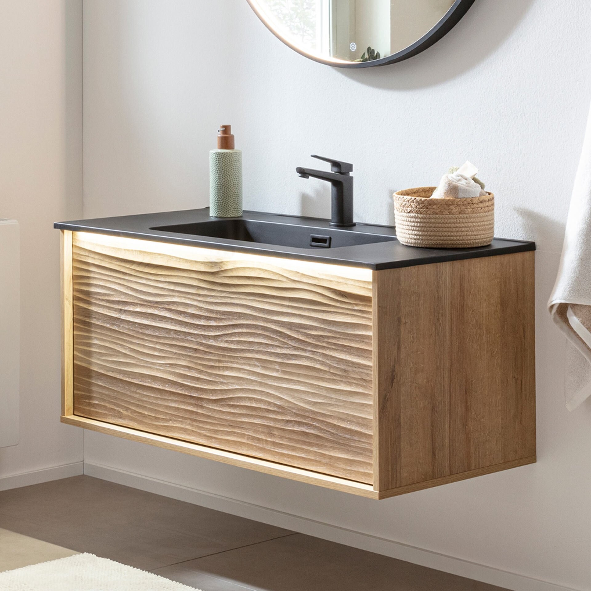 LANZET DUNE Waschbecken mit Unterschrank 101 cm breit, Braun hell, Waschbecken Gussmarmor Weiß, inkl. LED Beleuchtung
