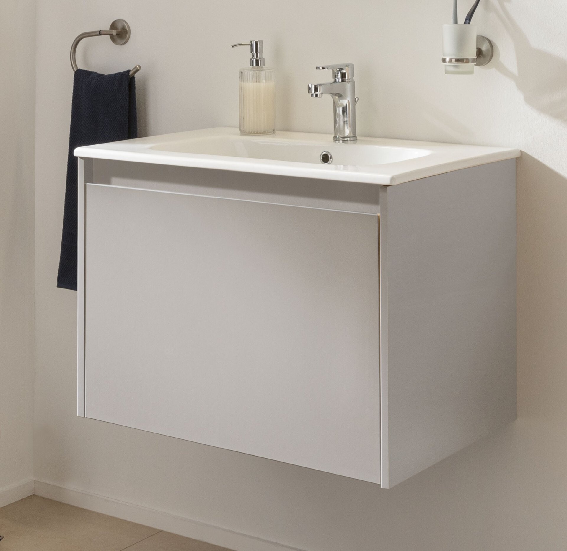 FACKELMANN COMPACT LINE Waschbecken mit Unterschrank 71 cm breit, Grau, Waschbecken Keramik Weiß, 1 Schublade