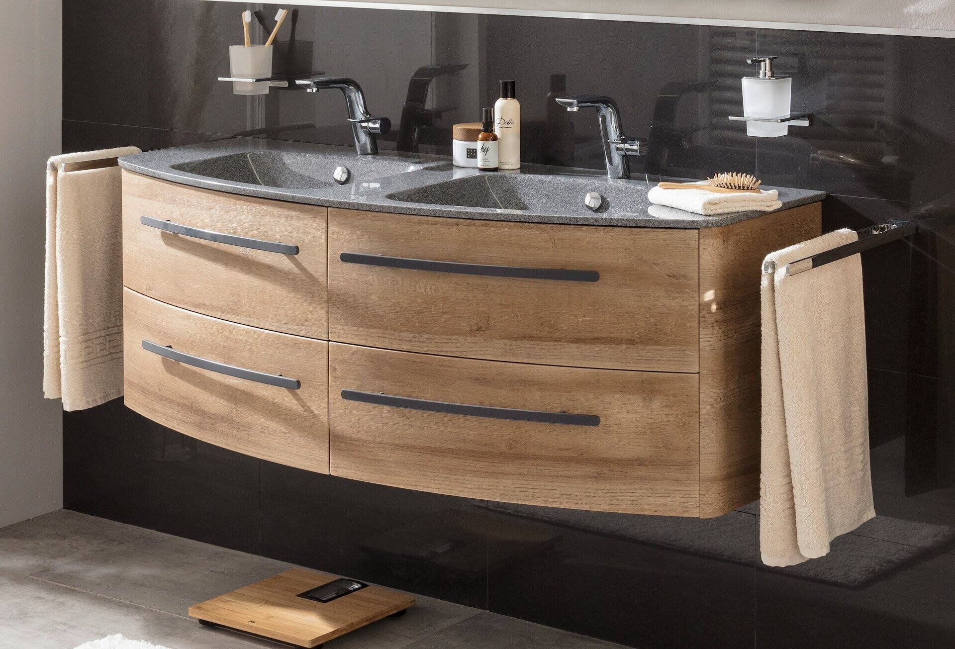 Lanzet CLASSICO Badmöbel Set 2-teilig, Doppel-Waschtisch 140 cm breit, Hellbraun, Grau-Metallic Lanzet CLASSICO Badmöbel Set 2-teilig, Doppel-Waschtisch 140 cm breit, Hellbraun, Grau-Metallic