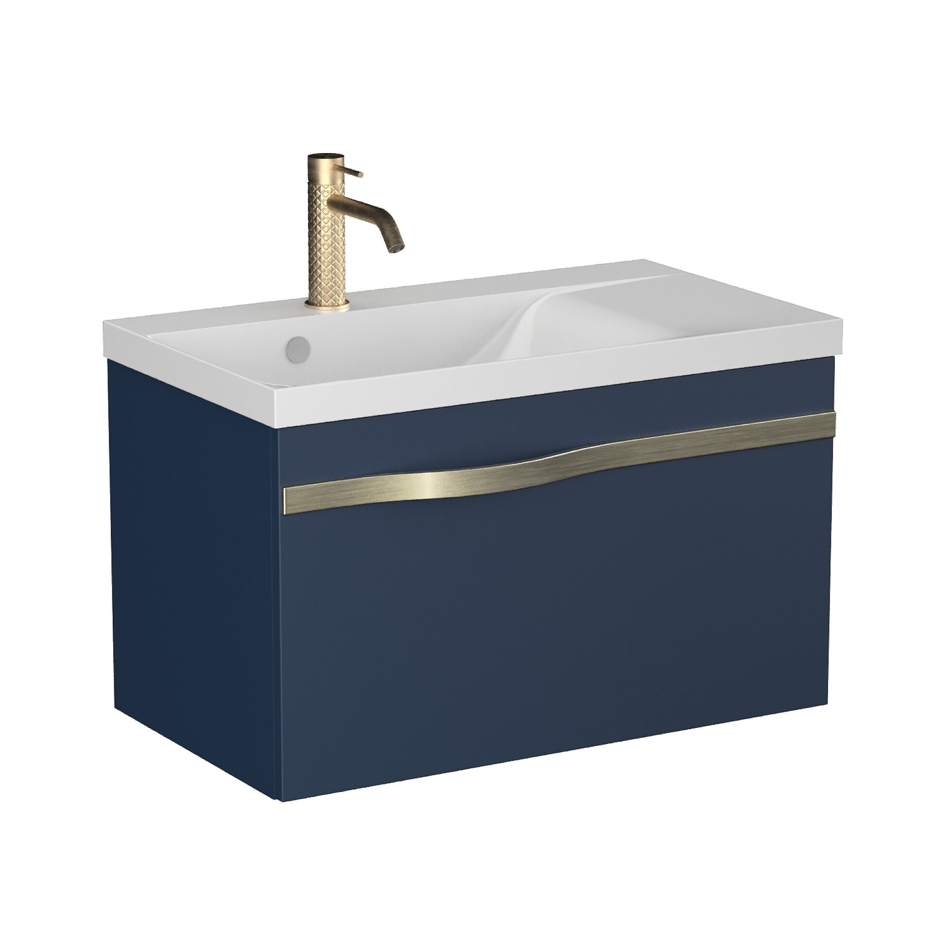 BADEDU FILS Waschbecken mit Unterschrank 69 cm breit, Blau, Waschbecken Gussmarmor Weiß, Griff Silber