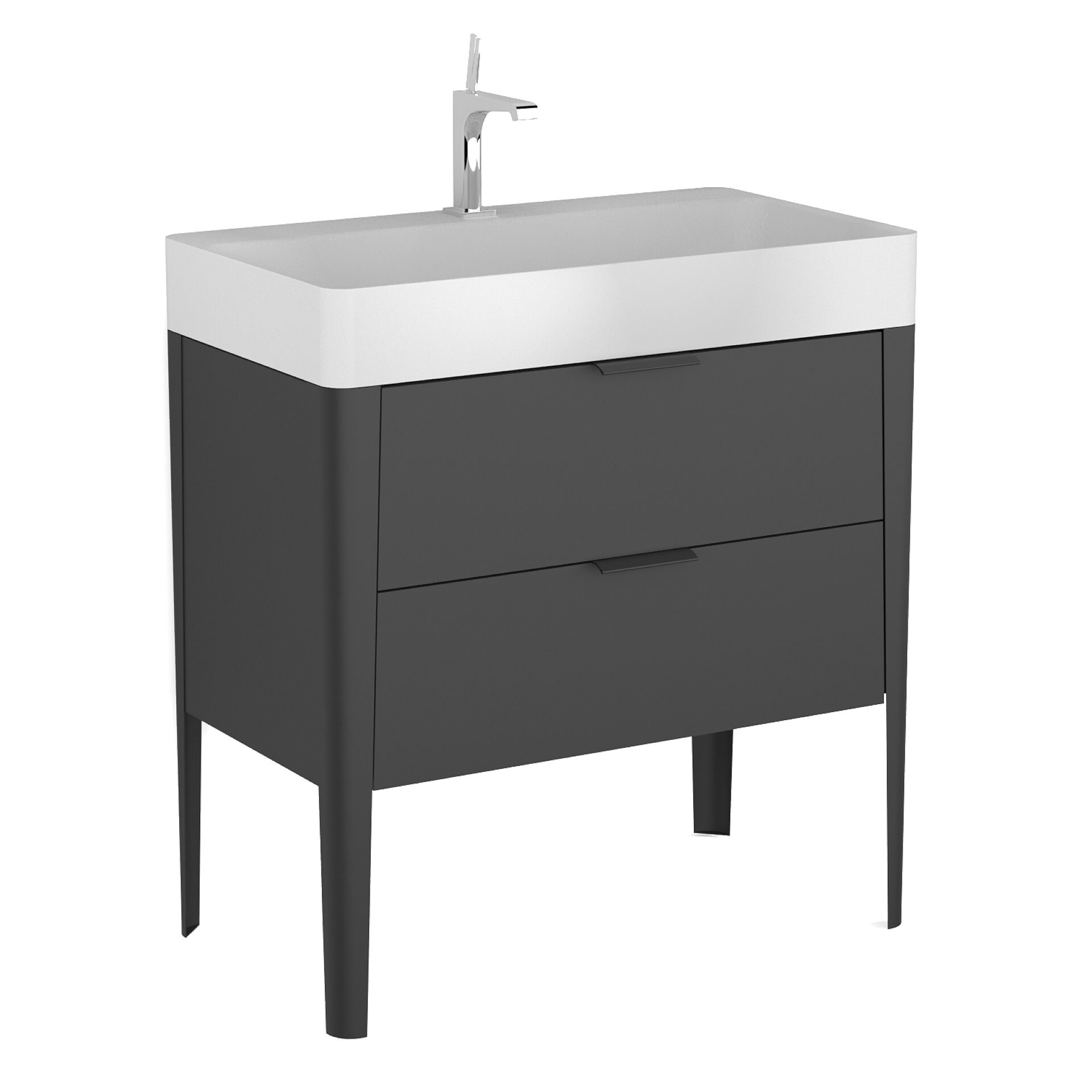 BADEDU SORA Waschbecken mit Unterschrank 80 cm breit, Schwarz matt, Waschbecken Quarzkomposit Weiß, aus Aluminium, mit Füßen