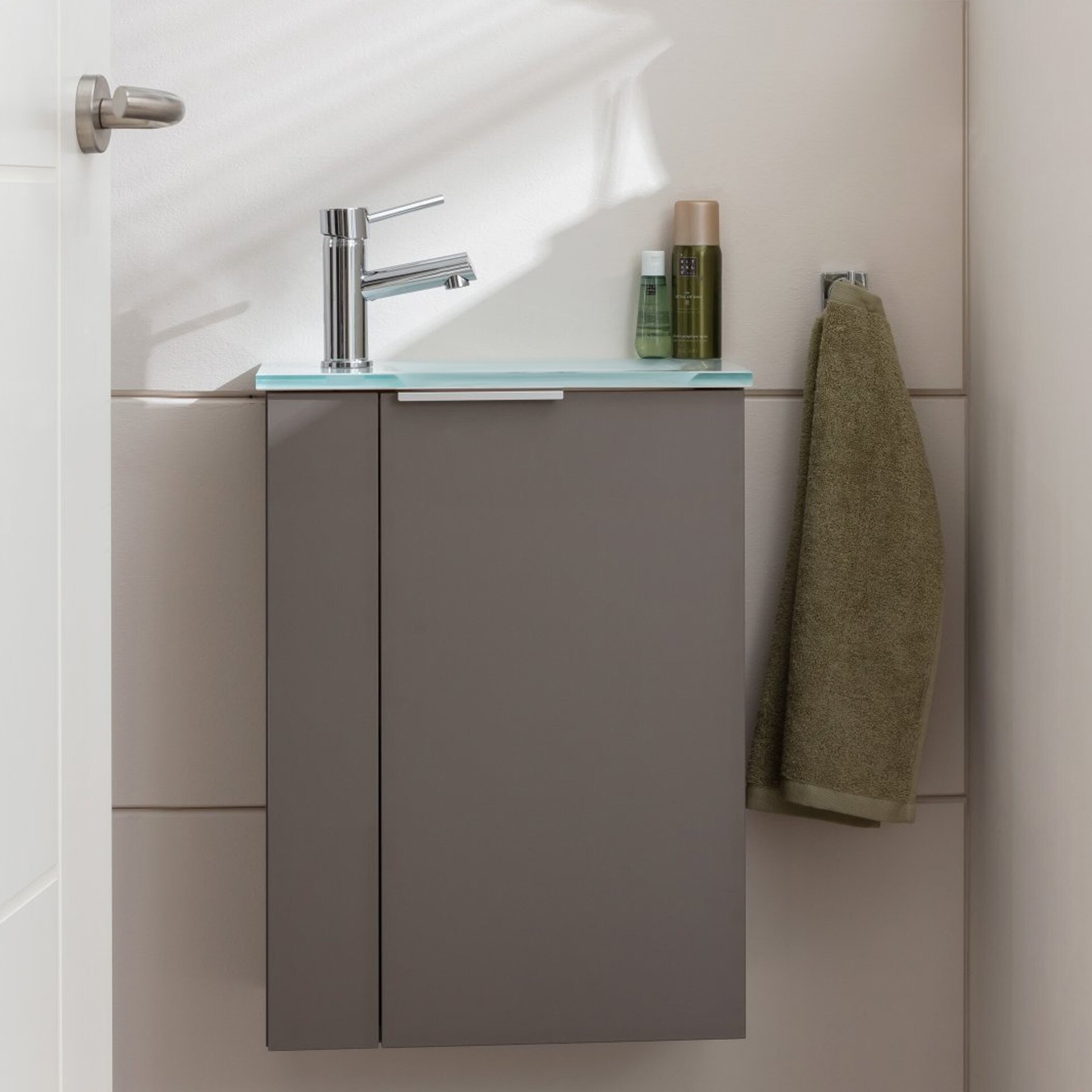 FACKELMANN SBC B.PARIS Gäste WC Waschtisch Set 45 cm breit, Grau, Waschbecken Glas Weiß, Türanschlag rechts FACKELMANN SBC B.PARIS Gäste WC Waschtisch Set 45 cm breit, Grau, Waschbecken Glas Weiß, Türanschlag rechts