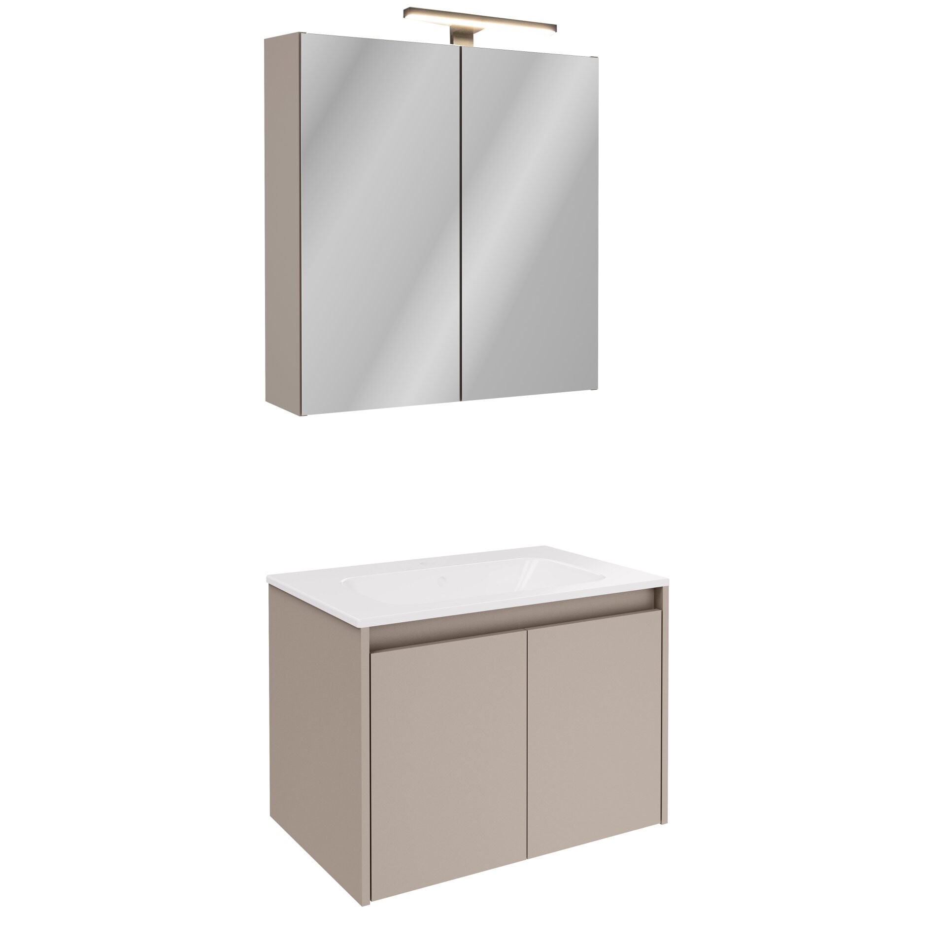 FACKELMANN COMPACT LINE Waschtisch Set mit Spiegelschrank 71 cm breit, Grau, Waschbecken Keramik Weiß, inklusive Aufsatzleuchte und Energie Box