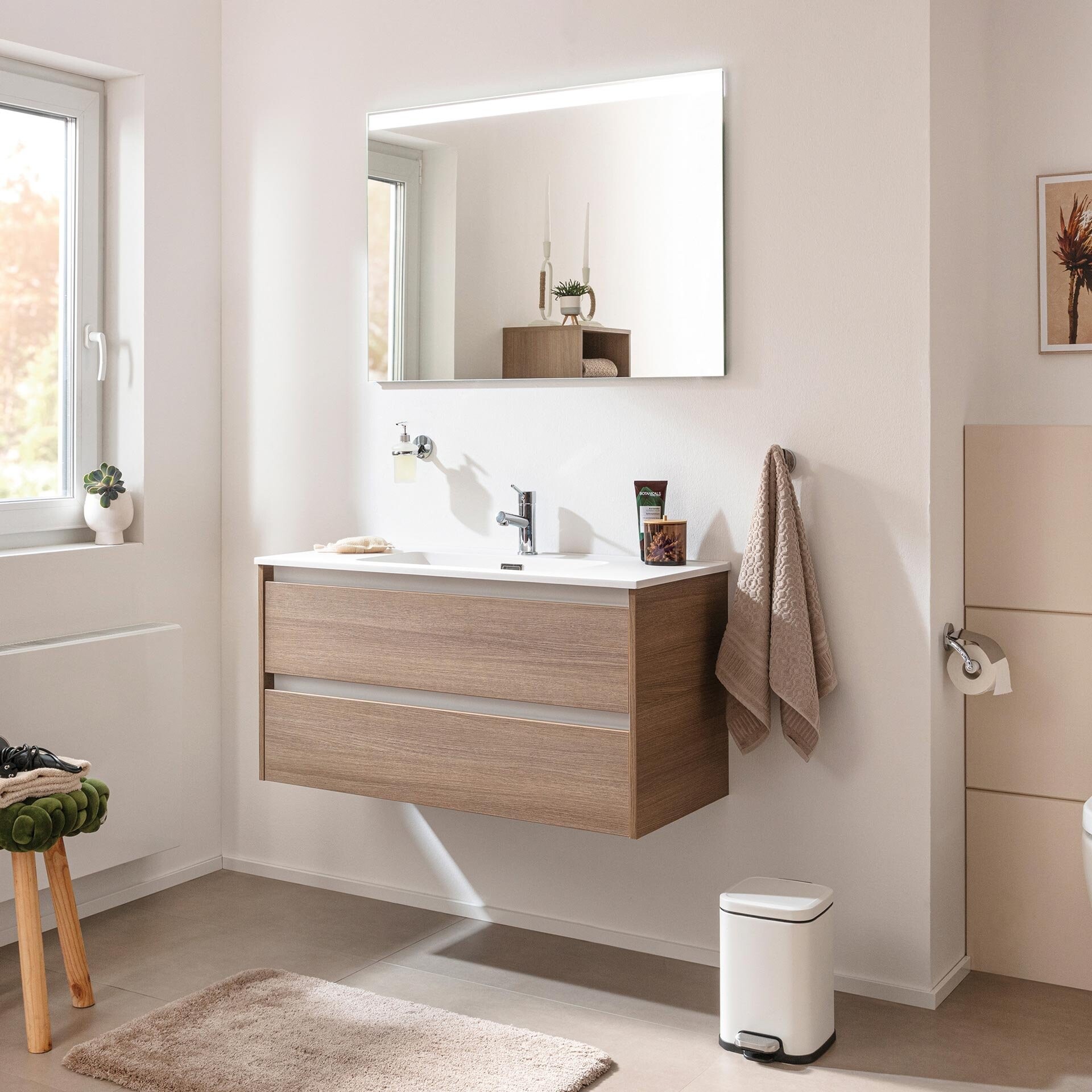 FACKELMANN VITA Waschbecken mit Unterschrank 101 cm breit, Braun hell, Waschbecken Gussmarmor Weiß matt