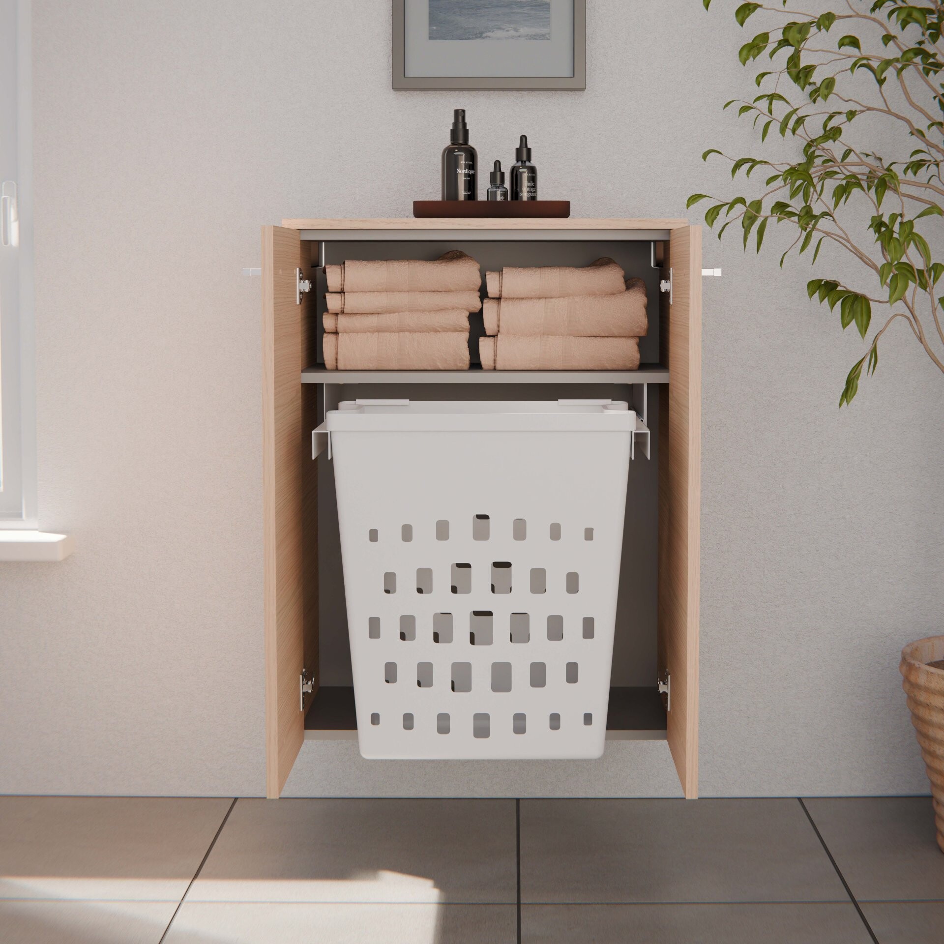 FACKELMANN B.STYLE Doppel Midischrank 60 cm, Braun mit Wäschekorb