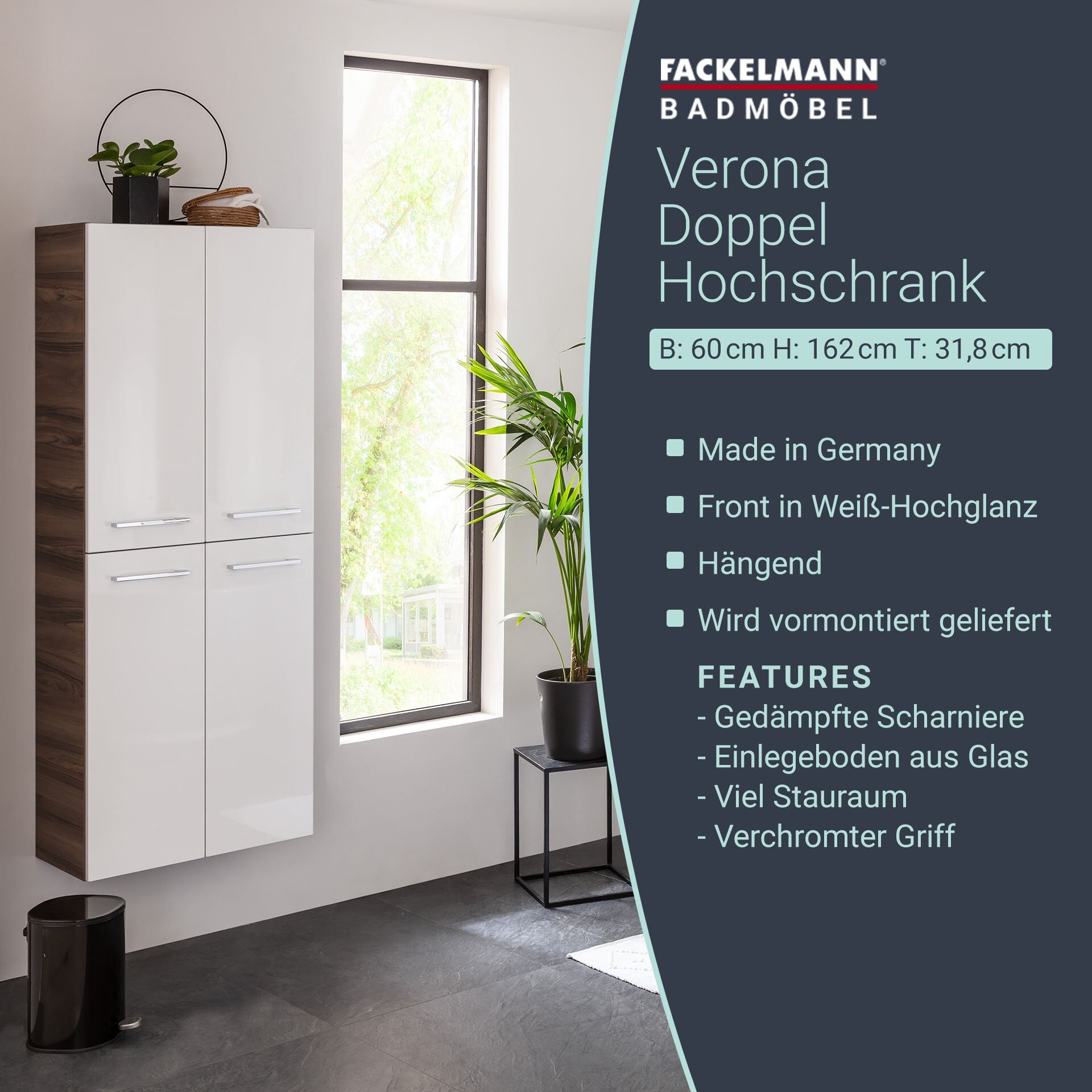 Fackelmann VERONA Doppel Hochschrank mit Schublade 60 cm, Braun Dunkel/Weiß Hochglanz