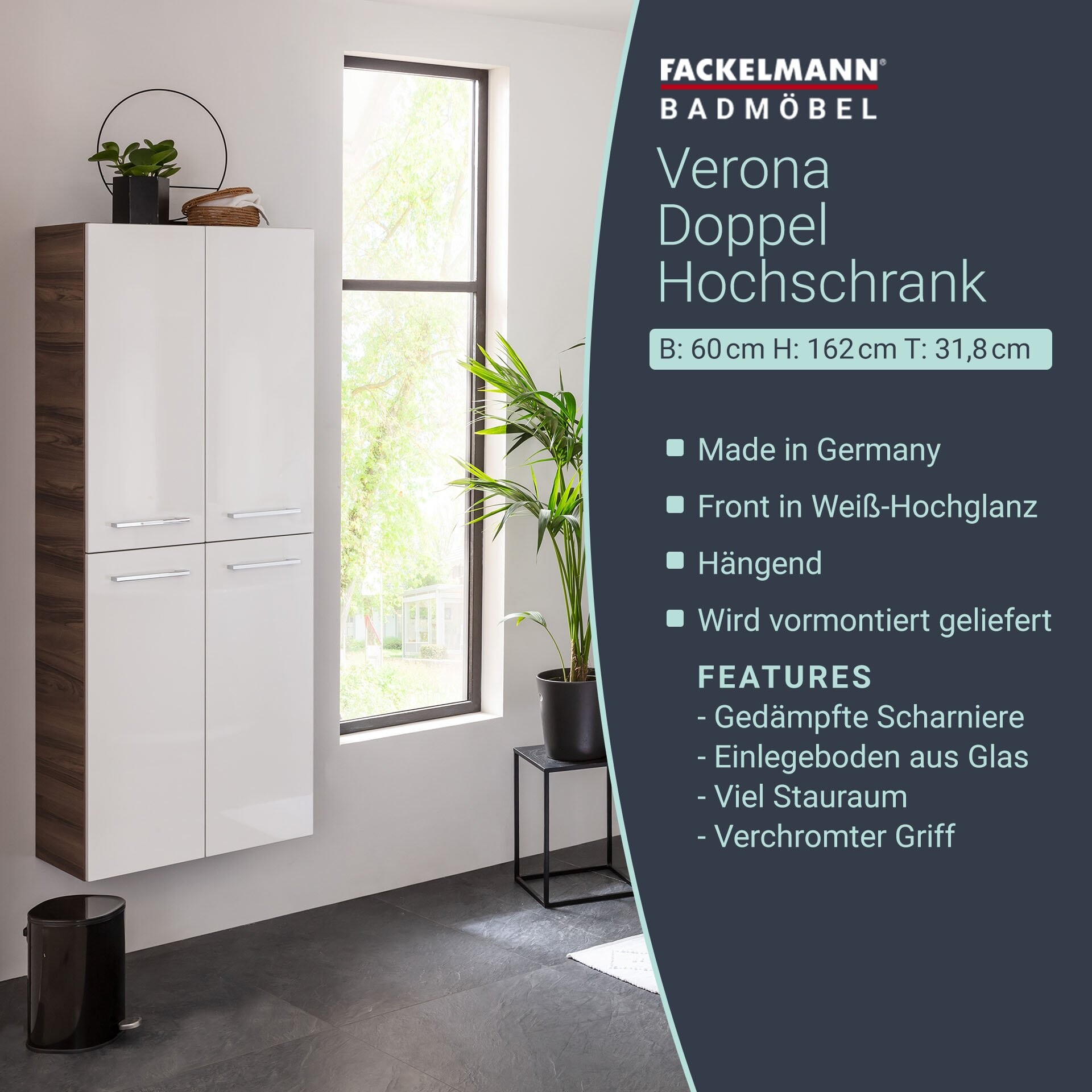 Fackelmann VERONA Doppel Hochschrank mit Schublade 60 cm, Braun Dunkel/Weiß Hochglanz Fackelmann VERONA Doppel Hochschrank mit Schublade 60 cm, Braun Dunkel/Weiß Hochglanz