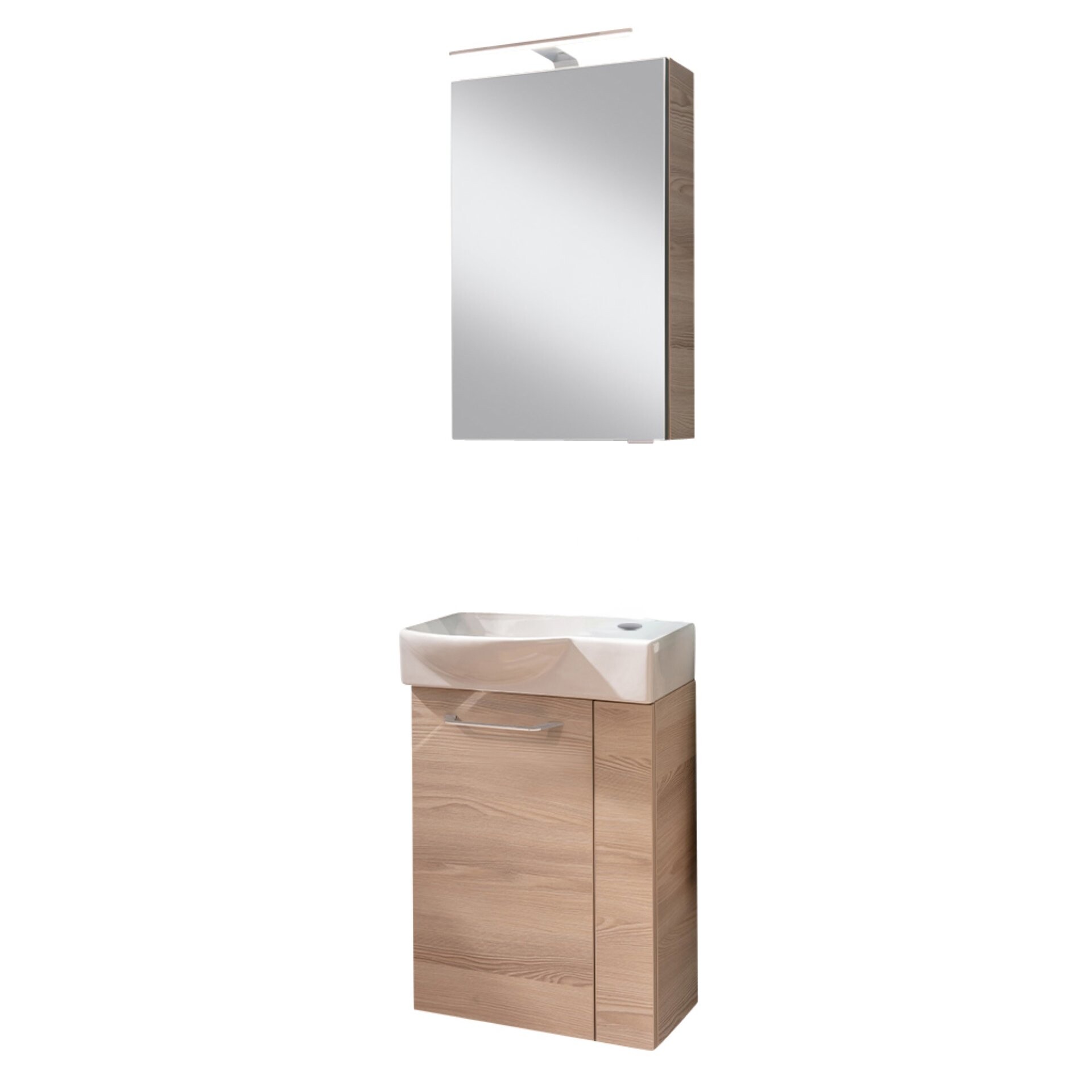 FACKELMANN SBC B.CLEVER Gäste WC Waschtisch Set mit Spiegelschrank 45 cm breit, Braun hell, Türanschlag links FACKELMANN SBC B.CLEVER Gäste WC Waschtisch Set mit Spiegelschrank 45 cm breit, Braun hell, Türanschlag links