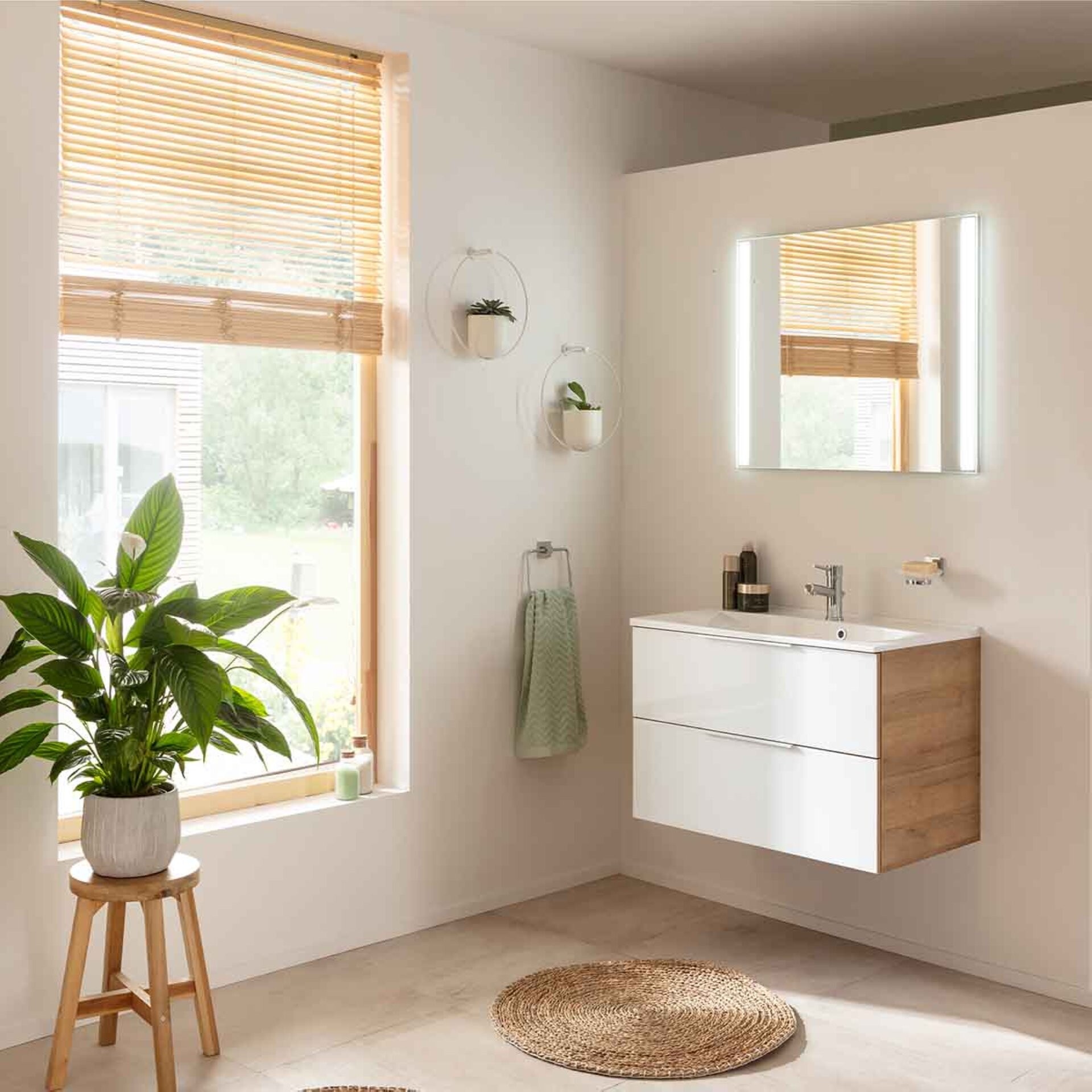 Fackelmann B. BRILLANT Badmöbel Set 3-teilig 80 cm, Weiß Glas/Braun hell, Gussmarmor + LED-Spiegel Fackelmann B. BRILLANT Badmöbel Set 3-teilig 80 cm, Weiß Glas/Braun hell, Gussmarmor + LED-Spiegel