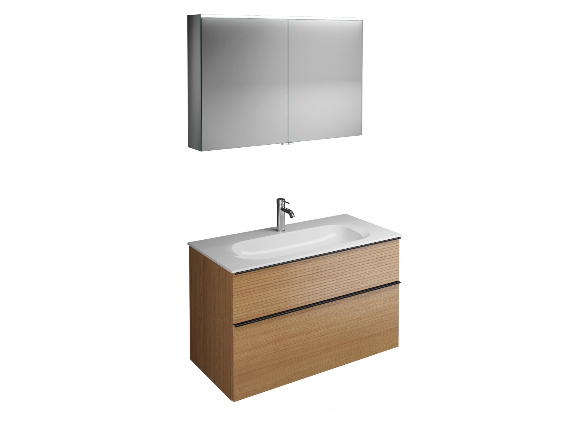 Burgbad FIUMO Waschtisch Set mit Spiegelschrank 102 cm breit, Braun, Waschbecken Gussmarmor Weiß