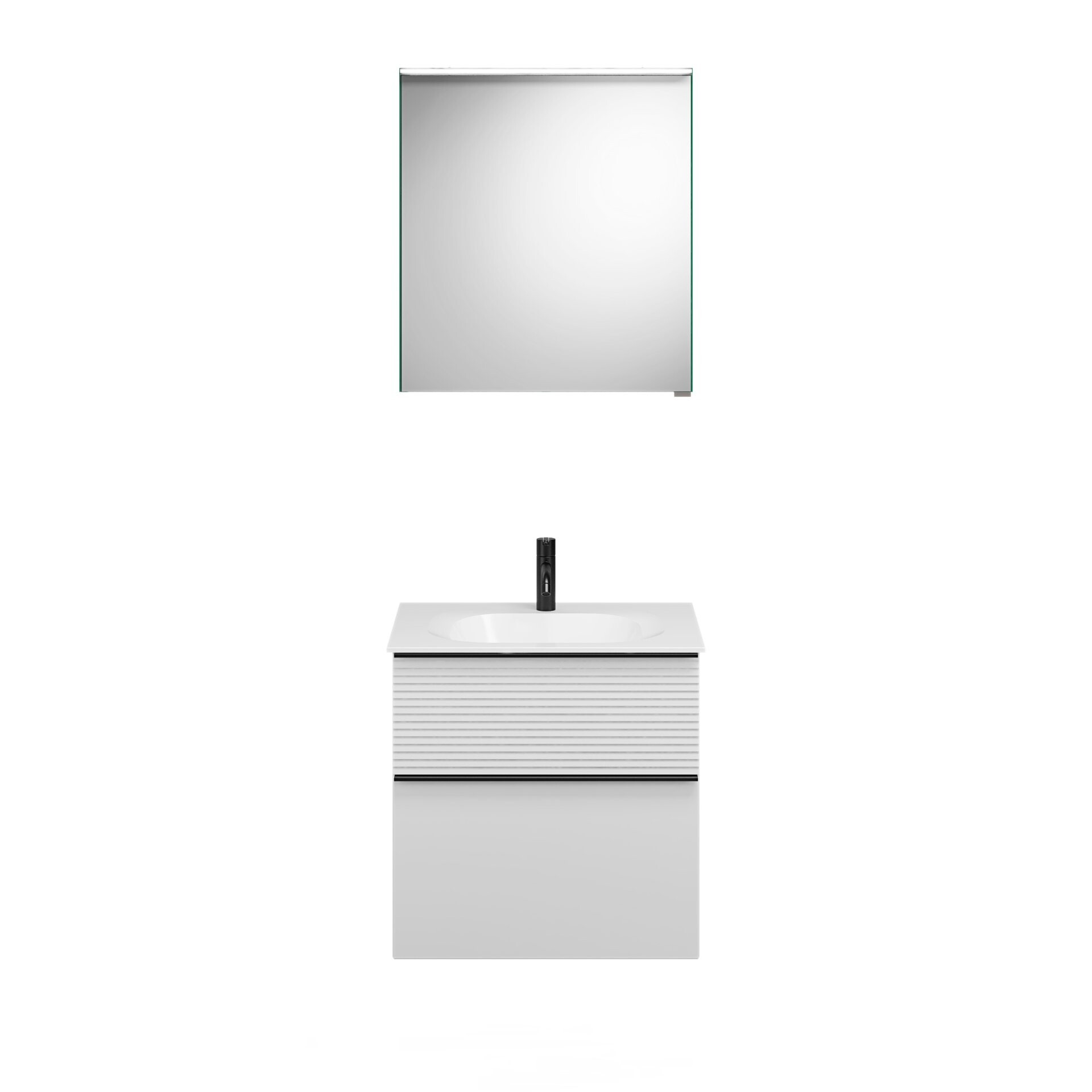 Burgbad FIUMO Waschtisch Set mit Spiegelschrank 62 cm breit, Weiß, Waschbecken Gussmarmor Weiß, Anschlag links Burgbad FIUMO Waschtisch Set mit Spiegelschrank 62 cm breit, Weiß, Waschbecken Gussmarmor Weiß, Anschlag links