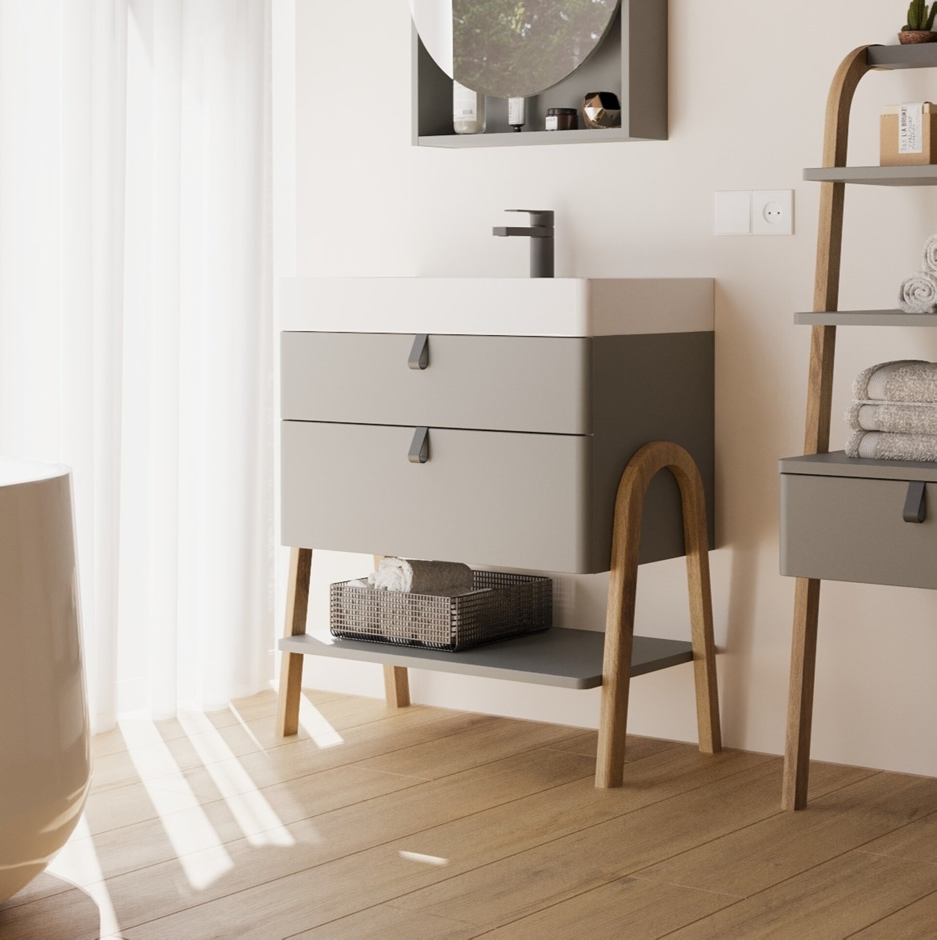 BADEDU PINA Waschbecken mit Unterschrank 70 cm breit, Grün, Waschbecken Gussmarmor Weiß, mit Füßen