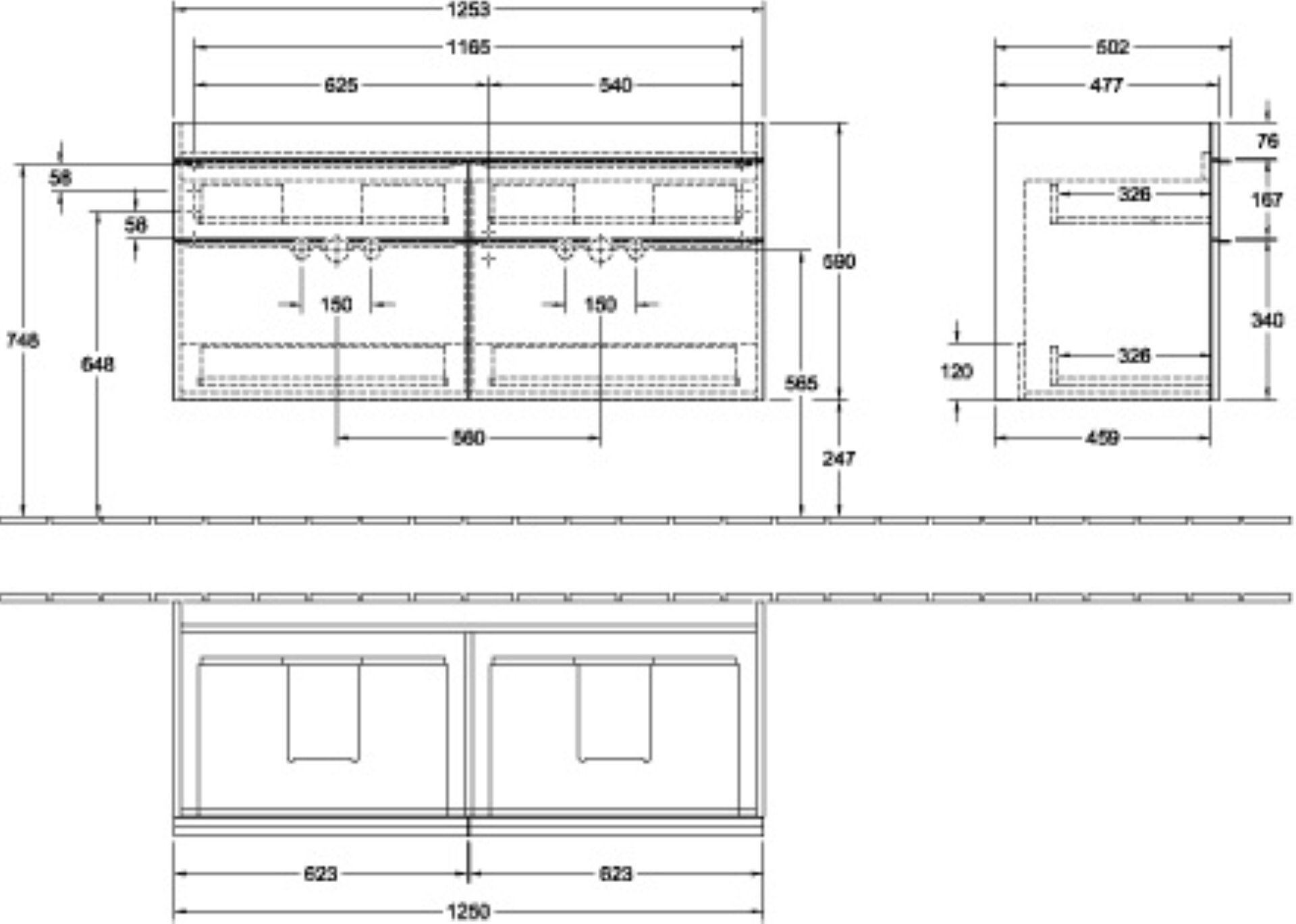 VILLEROY & BOCH VENTICELLO Waschbeckenunterschrank 125 cm breit, Weiß, Griff Chrom, 4 Schubladen, für Doppelwaschbecken