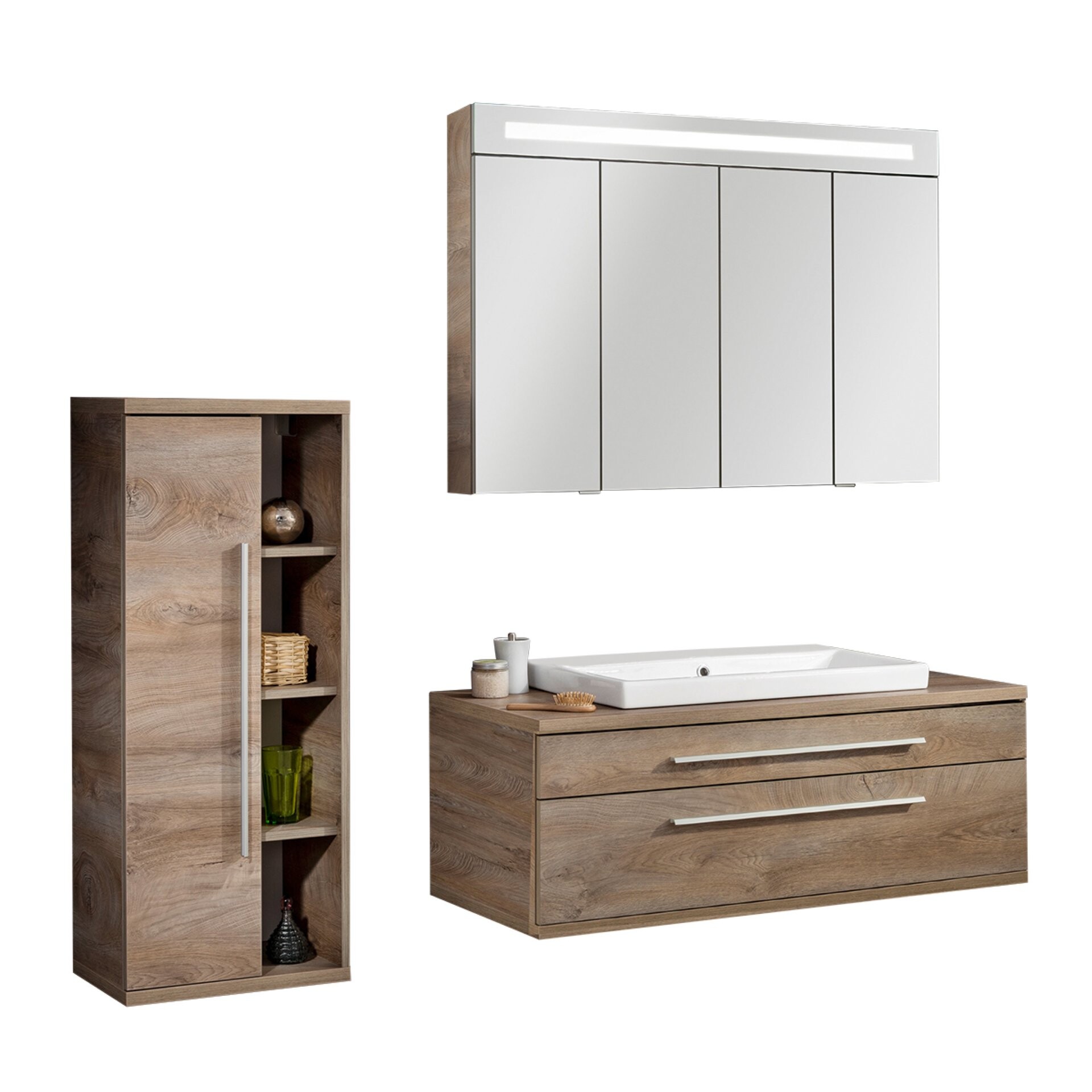 Fackelmann STANFORD Badmöbel Set 4-teilig, 110 cm breit, Braun, Keramik+Spiegelschrank+Midischrank l. Fackelmann STANFORD Badmöbel Set 4-teilig, 110 cm breit, Braun, Keramik+Spiegelschrank+Midischrank l.