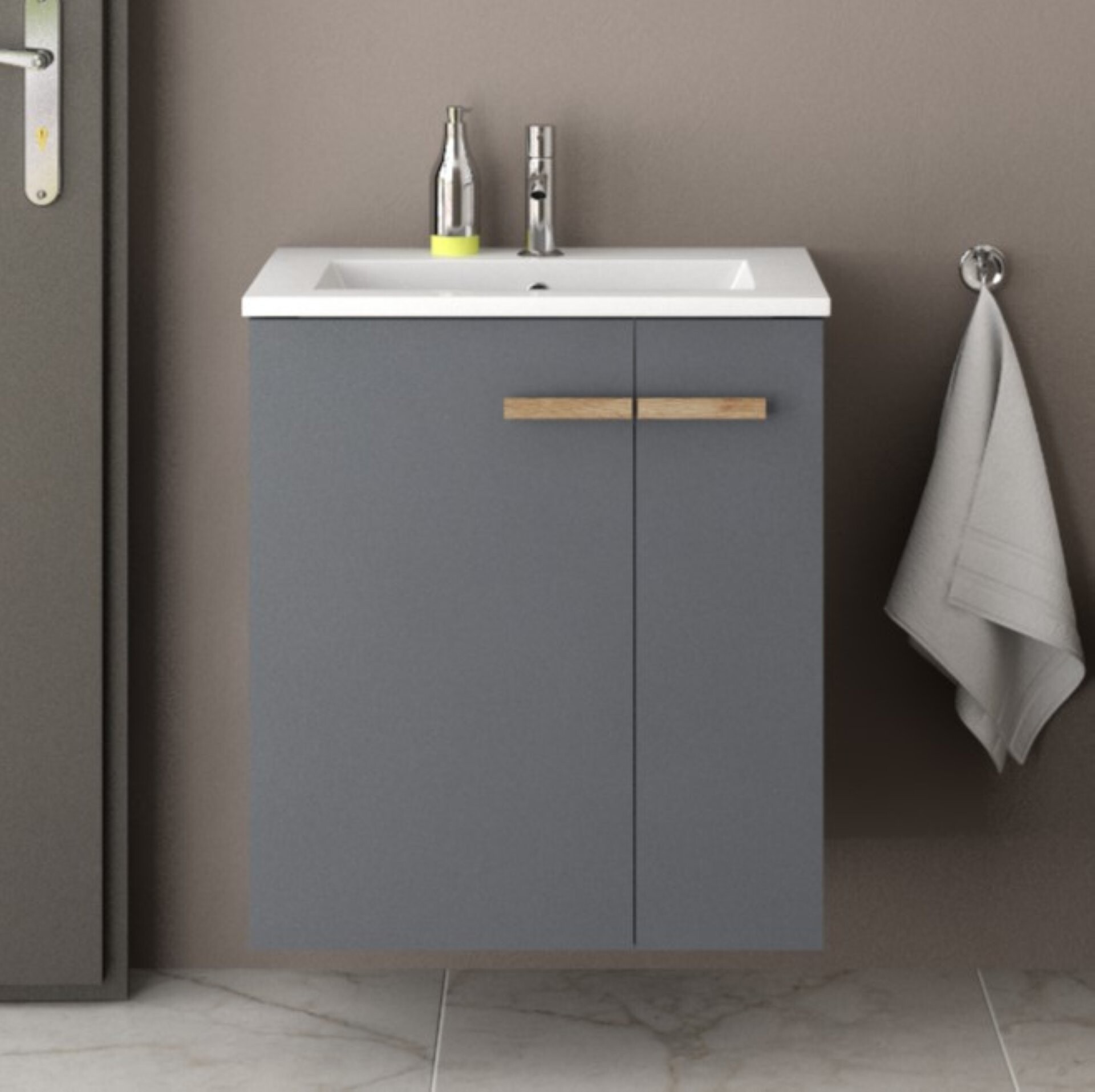 BADEDU HIERA Waschbecken mit Unterschrank 60 cm breit, Anthrazit, Waschbecken Keramik Weiß
