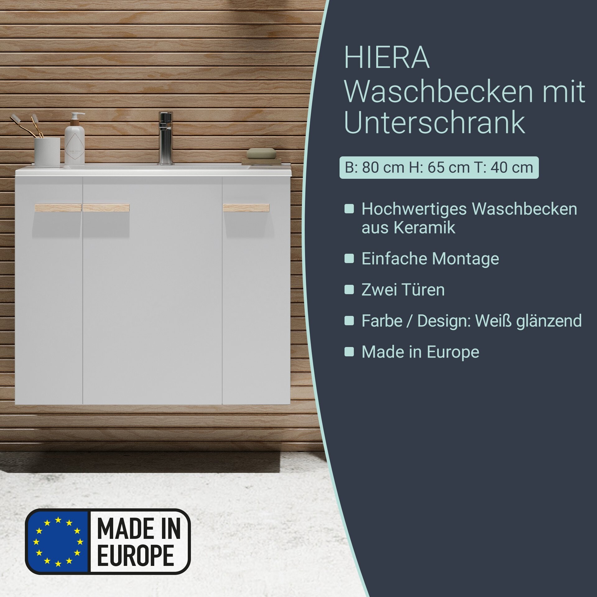 BADEDU HIERA Waschbecken mit Unterschrank 80 cm breit, Weiß, Waschbecken Keramik Weiß