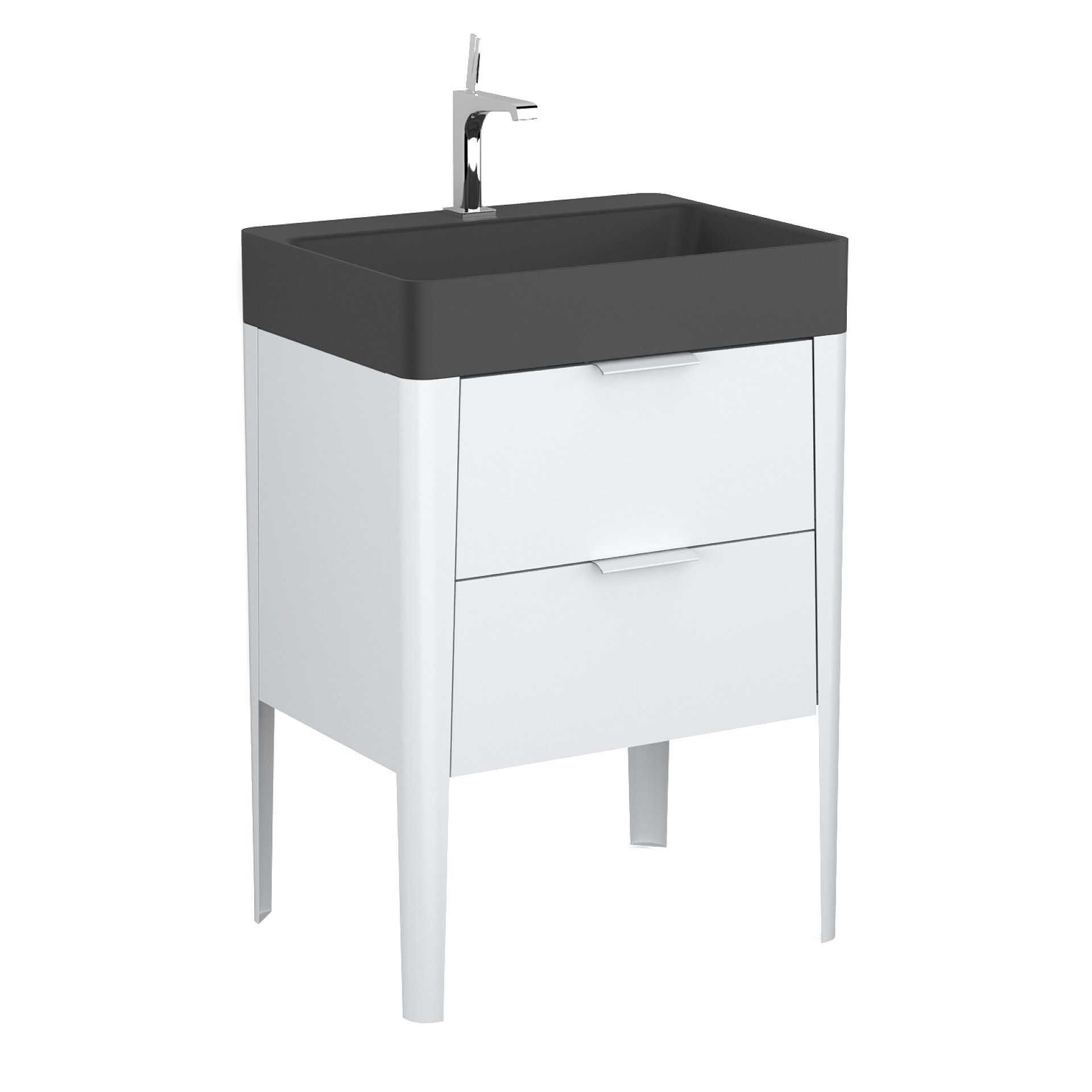 BADEDU SORA Waschbecken mit Unterschrank 60 cm breit, Weiß matt, Waschbecken Quarzkomposit Schwarz, aus Aluminium, mit Füßen