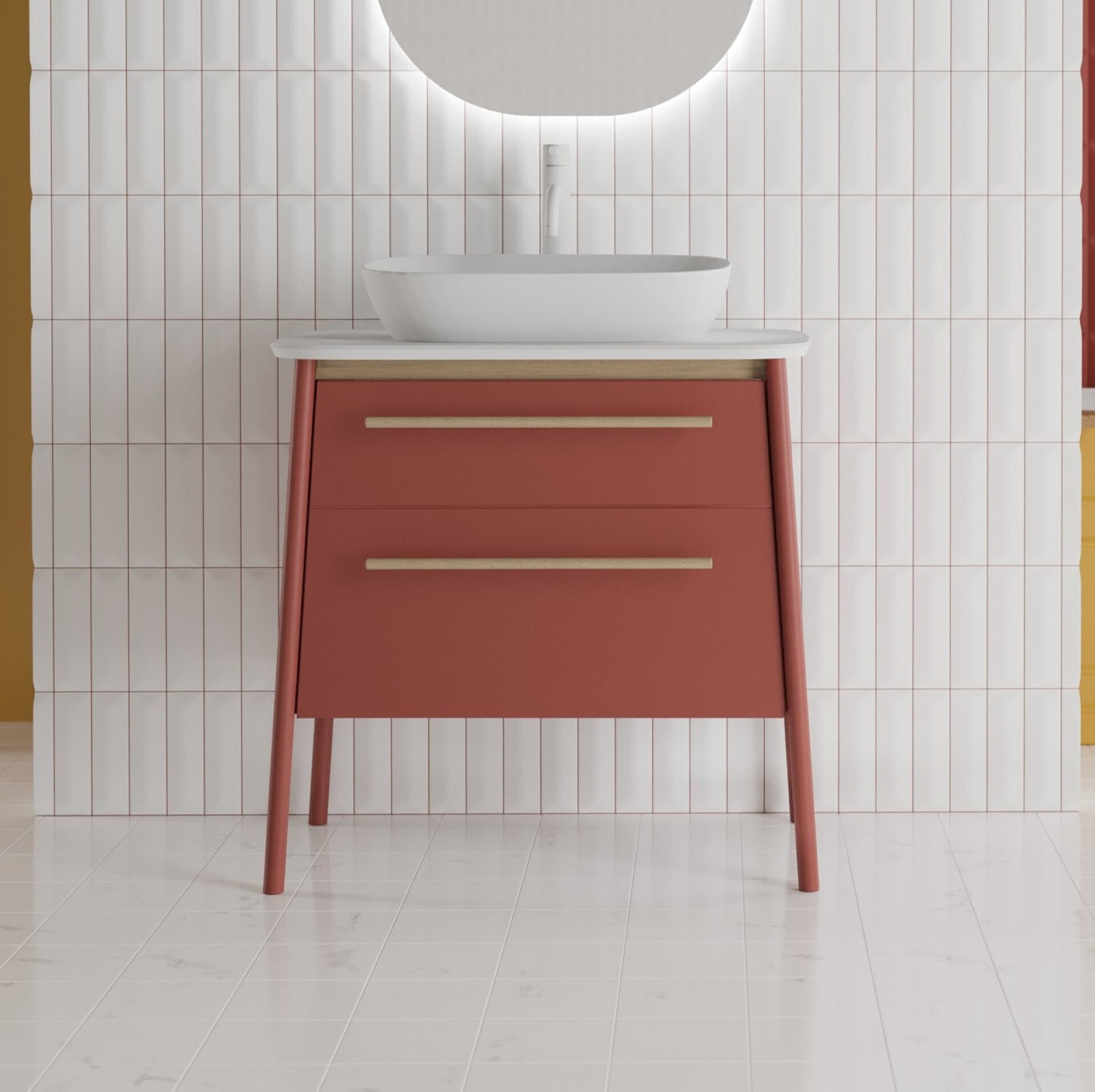 BADEDU TANA Waschbecken mit Unterschrank 80 cm breit, Rot matt, Waschbecken Gussmarmor Weiß, mit Füßen