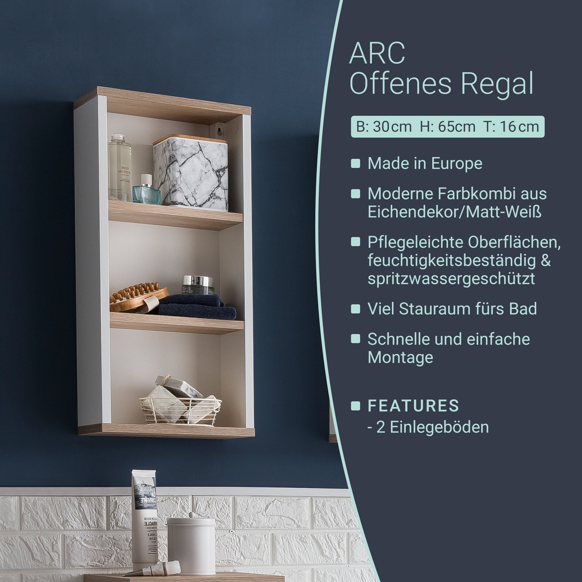 BadeDu ARC Badregal 30 cm, 3 Fächer, Weiß/Braun hell BadeDu ARC Badregal 30 cm, 3 Fächer, Weiß/Braun hell