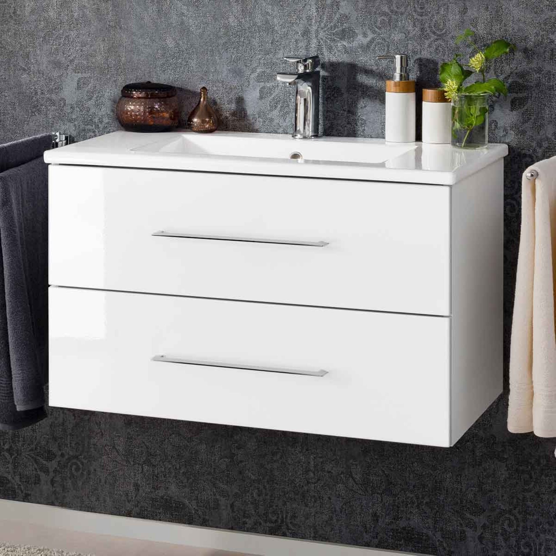 FACKELMANN B.PERFEKT Waschbecken mit Unterschrank 82 cm breit, Weiß, Waschbecken Keramik Weiß FACKELMANN B.PERFEKT Waschbecken mit Unterschrank 82 cm breit, Weiß, Waschbecken Keramik Weiß