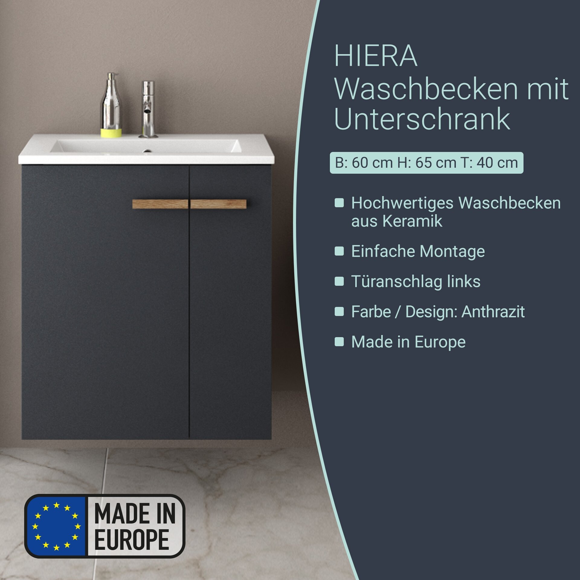 BADEDU HIERA Waschbecken mit Unterschrank 60 cm breit, Anthrazit, Waschbecken Keramik Weiß