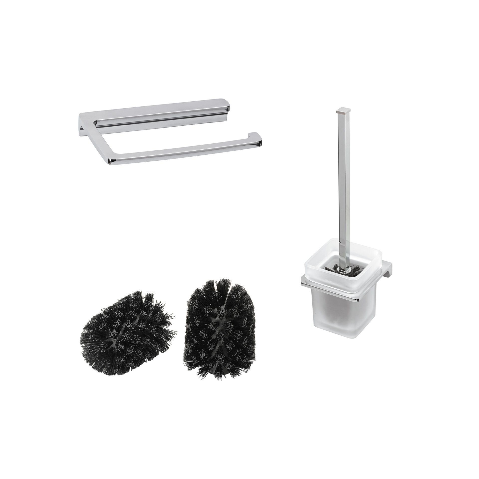 BADEDU SIRIUS Accessoire Set 3-teilig, Chrom, Toilettenpapierhalter, Toilettenbürste mit Halter, 2x Ersatzbürstenköpfe