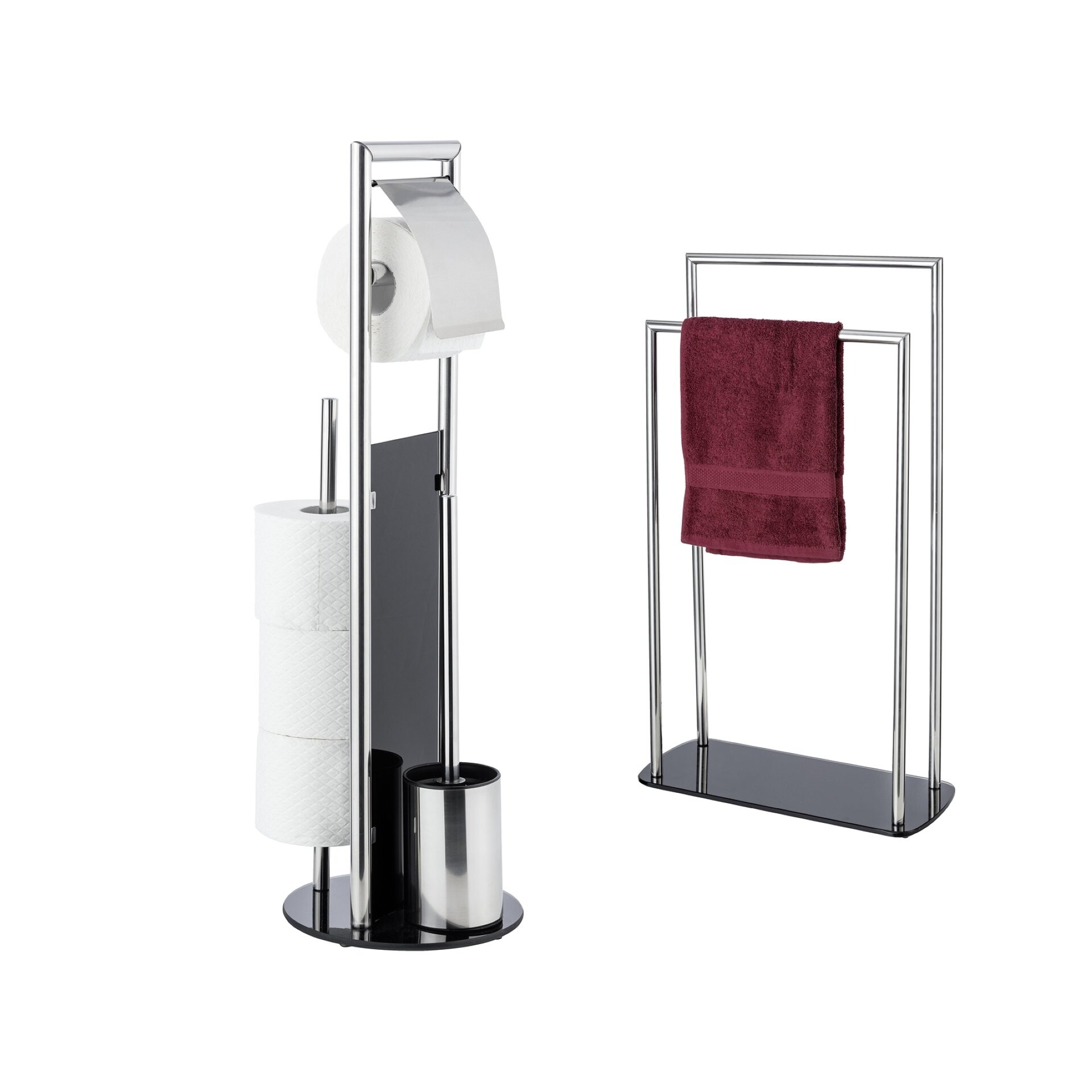 WENKO RAVINA Accessoire Set, Schwarz/Silber, WC-Garnitur, Toilettenpapierhalter und Bevorrater, Handtuchhalter, stehend
