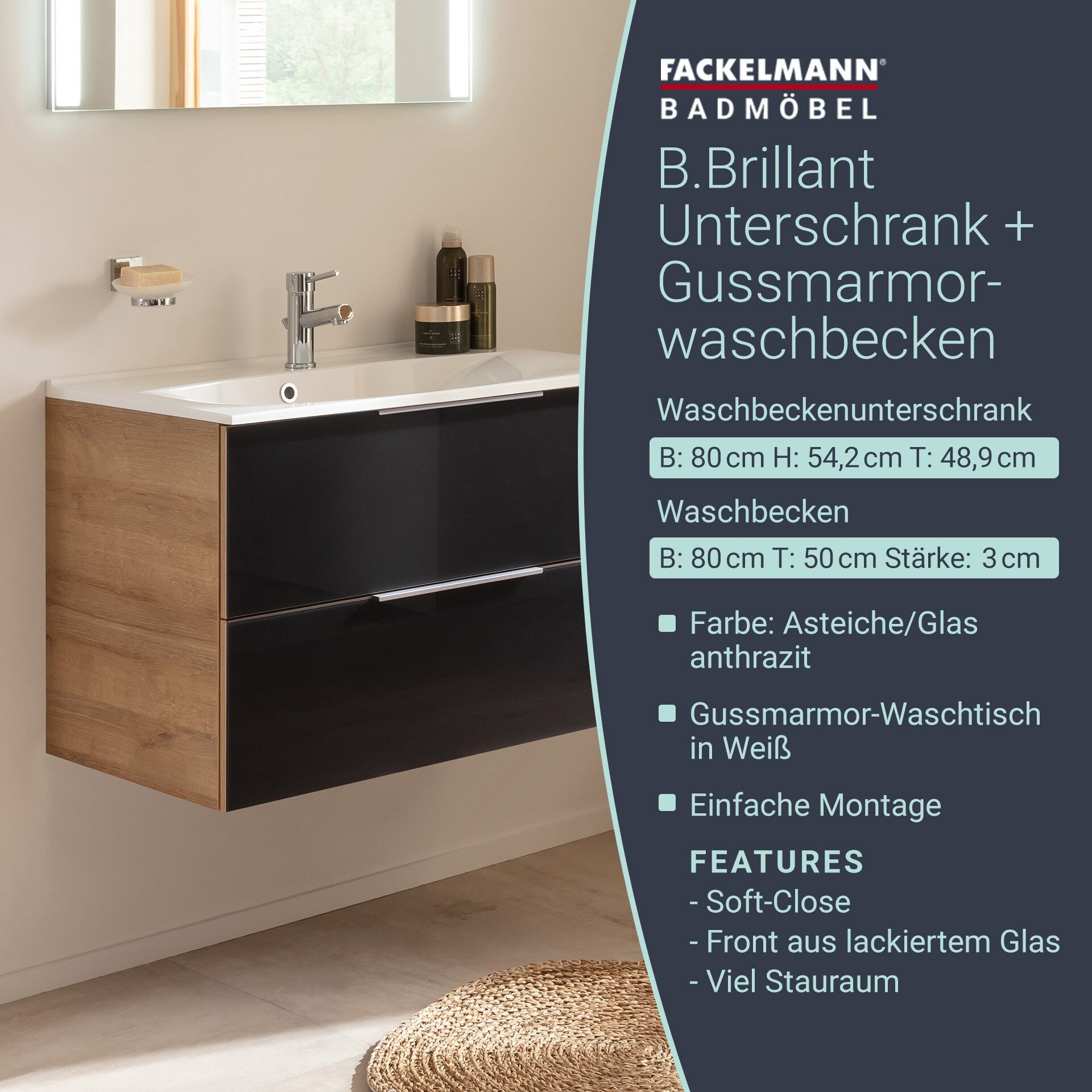 Fackelmann B.BRILLANT Badmöbel Set 2-teilig, 80 cm breit, Anthrazit Glas/Braun hell, Gussmarmor