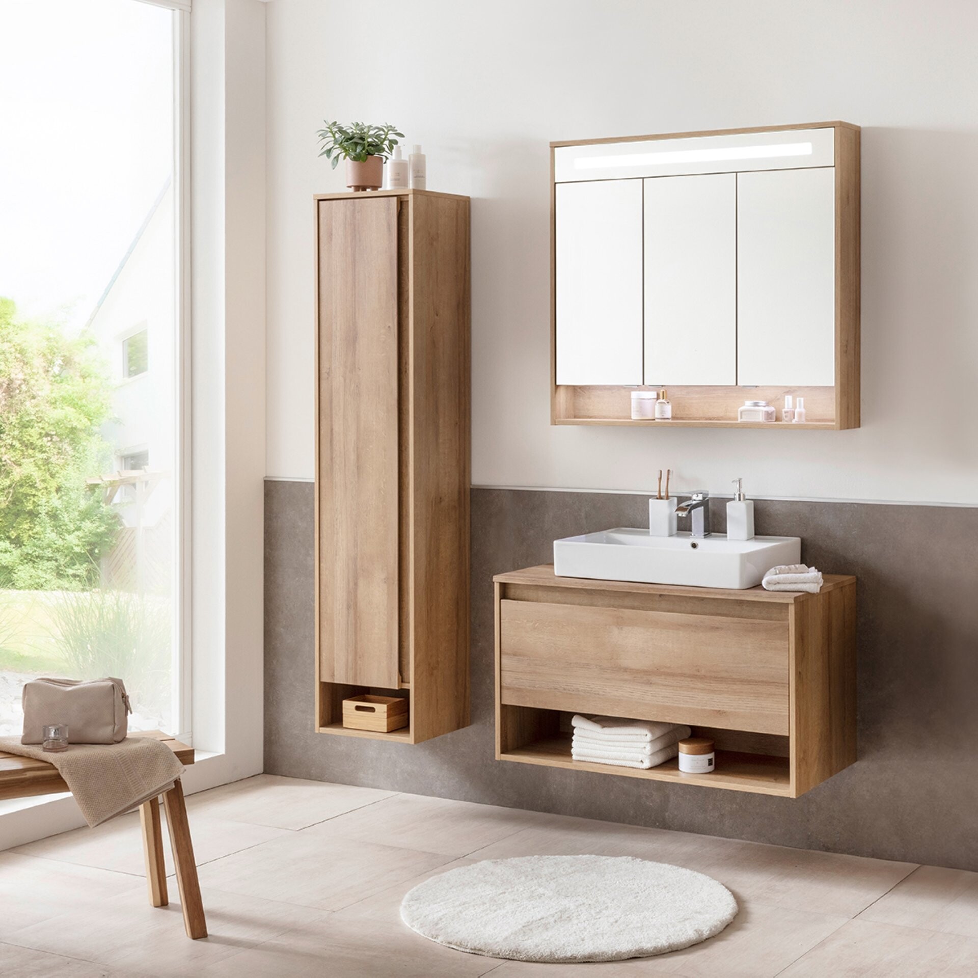 Fackelmann NATURA Badmöbel Set 4-teilig, 94 cm, Braun hell + Spiegelschrank + Hochschrank links Fackelmann NATURA Badmöbel Set 4-teilig, 94 cm, Braun hell + Spiegelschrank + Hochschrank links
