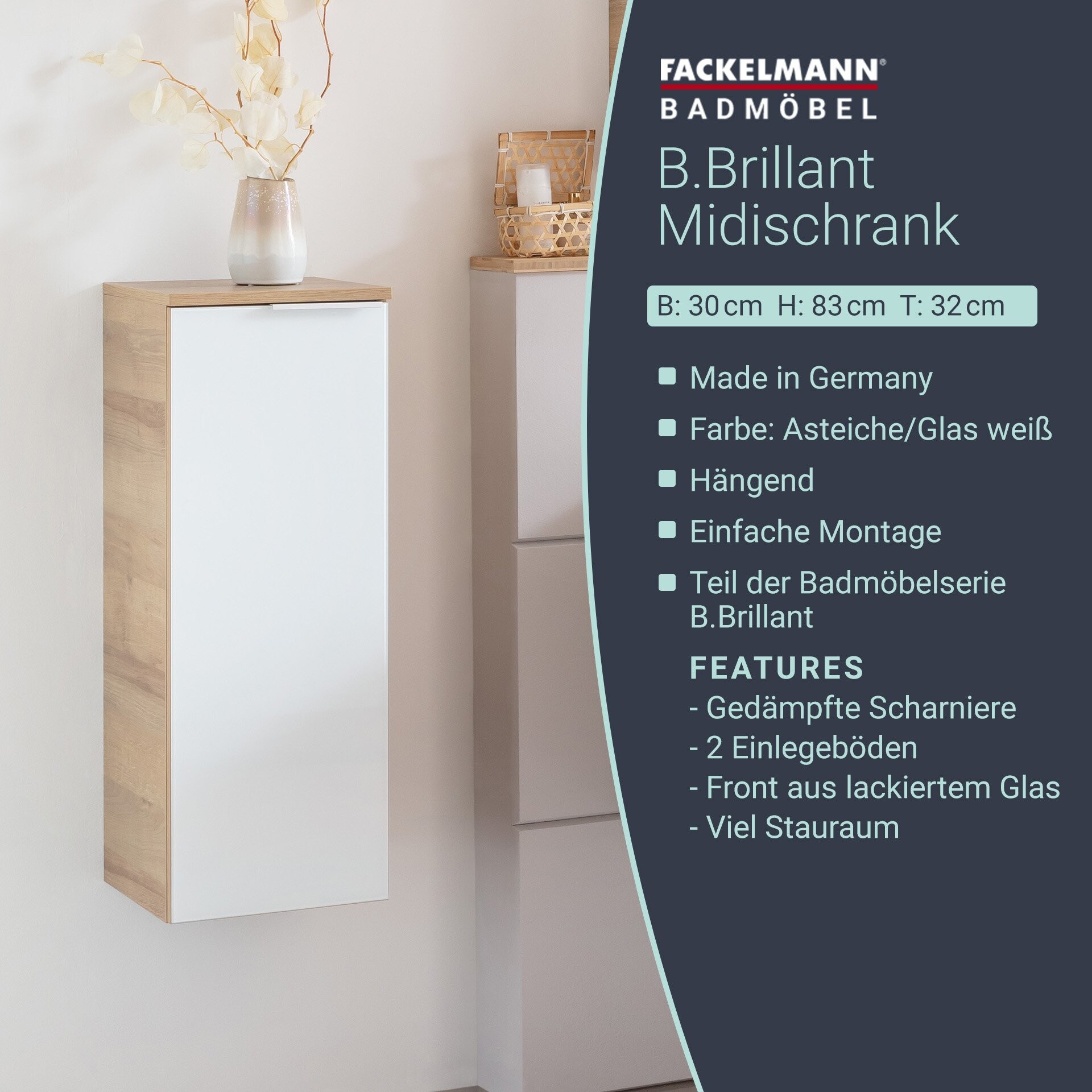 Fackelmann B.BRILLANT Midischrank, 30 cm breit, Weiß Glas/Braun hell Fackelmann B.BRILLANT Midischrank, 30 cm breit, Weiß Glas/Braun hell