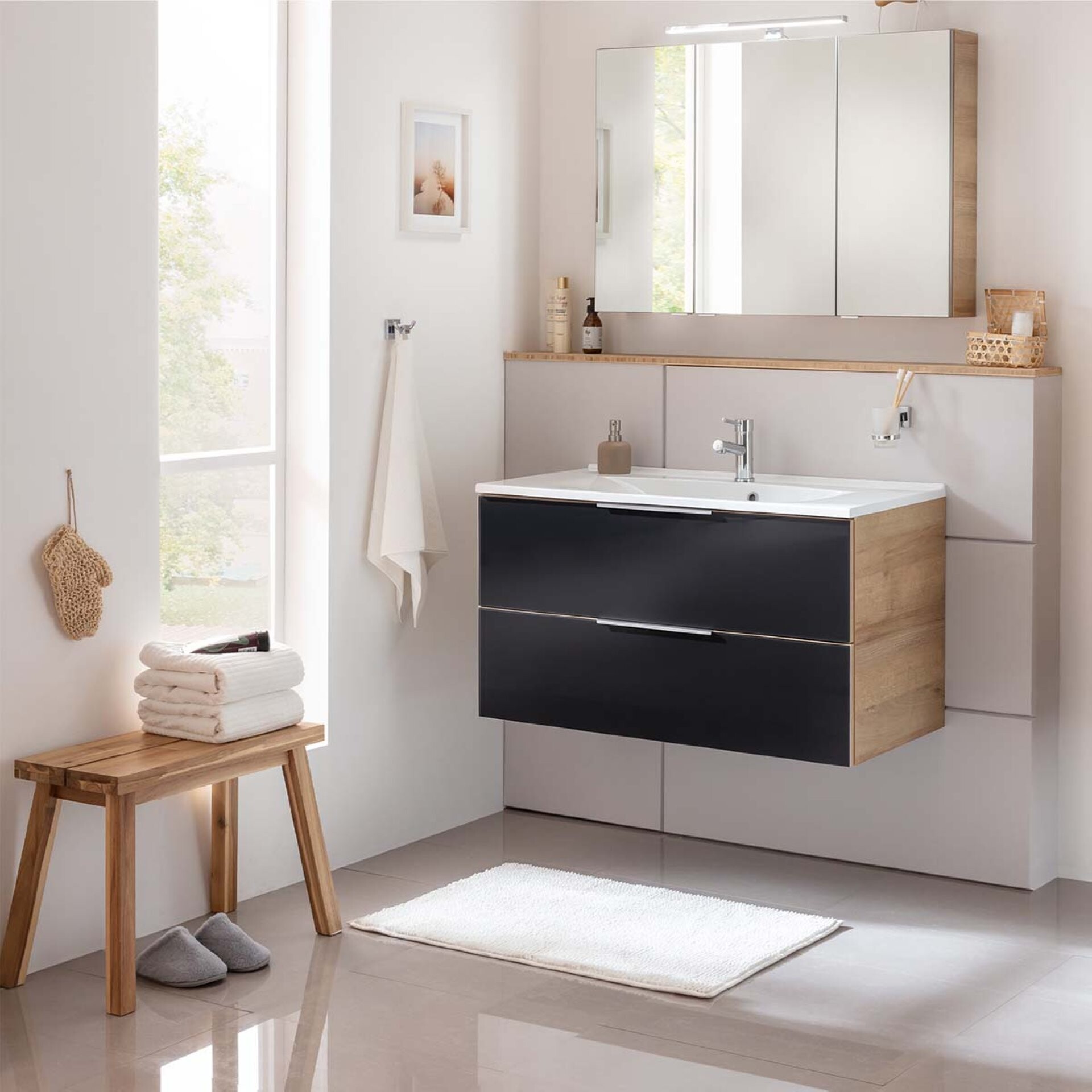 Fackelmann B. BRILLANT Badmöbel Set 3-teilig 100 cm, Anthrazit Glas/Braun hell, Gussmarmor+LED-Spiegelschrank Fackelmann B. BRILLANT Badmöbel Set 3-teilig 100 cm, Anthrazit Glas/Braun hell, Gussmarmor+LED-Spiegelschrank