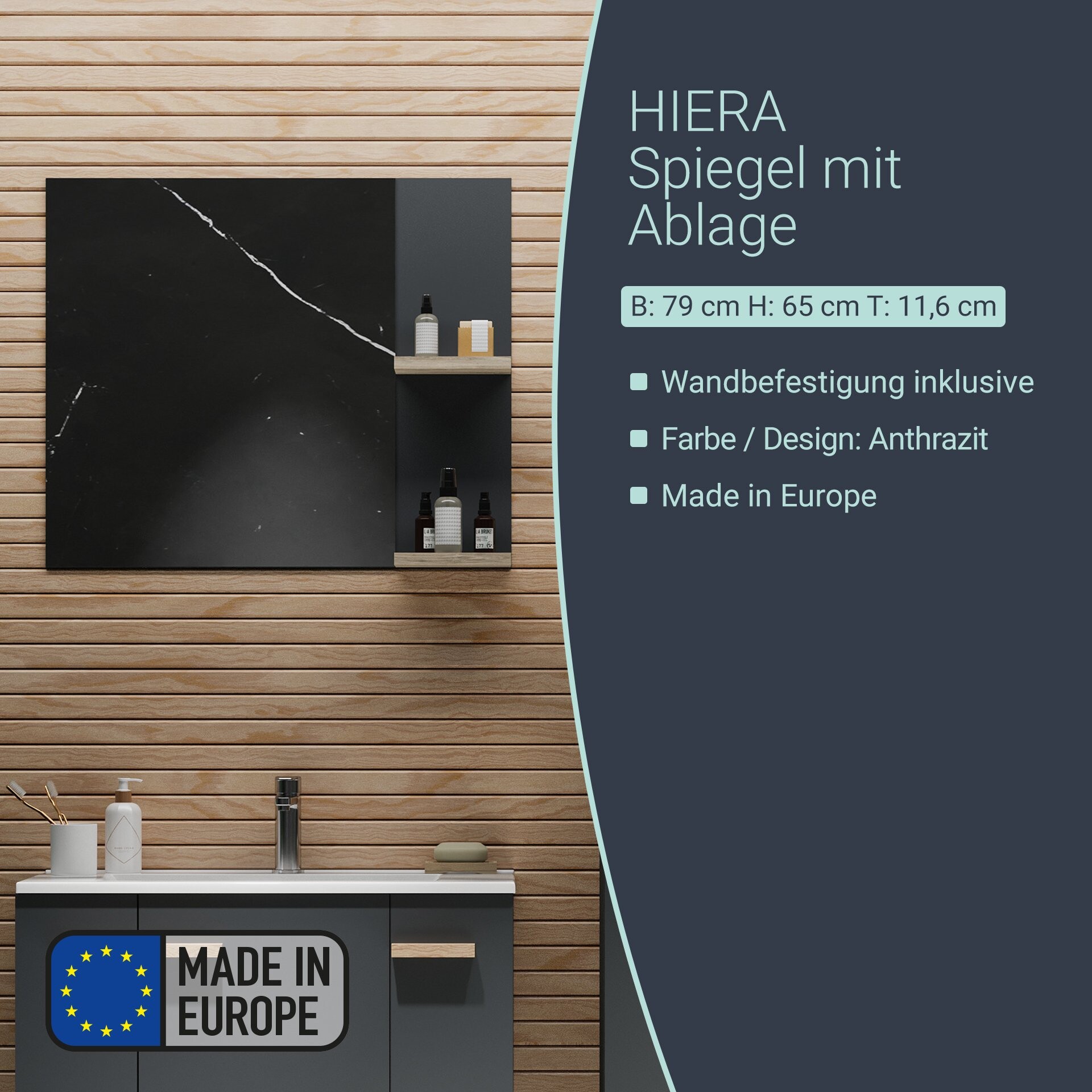 BADEDU HIERA Spiegel 79 cm breit, Anthrazit, zwei Ablagen
