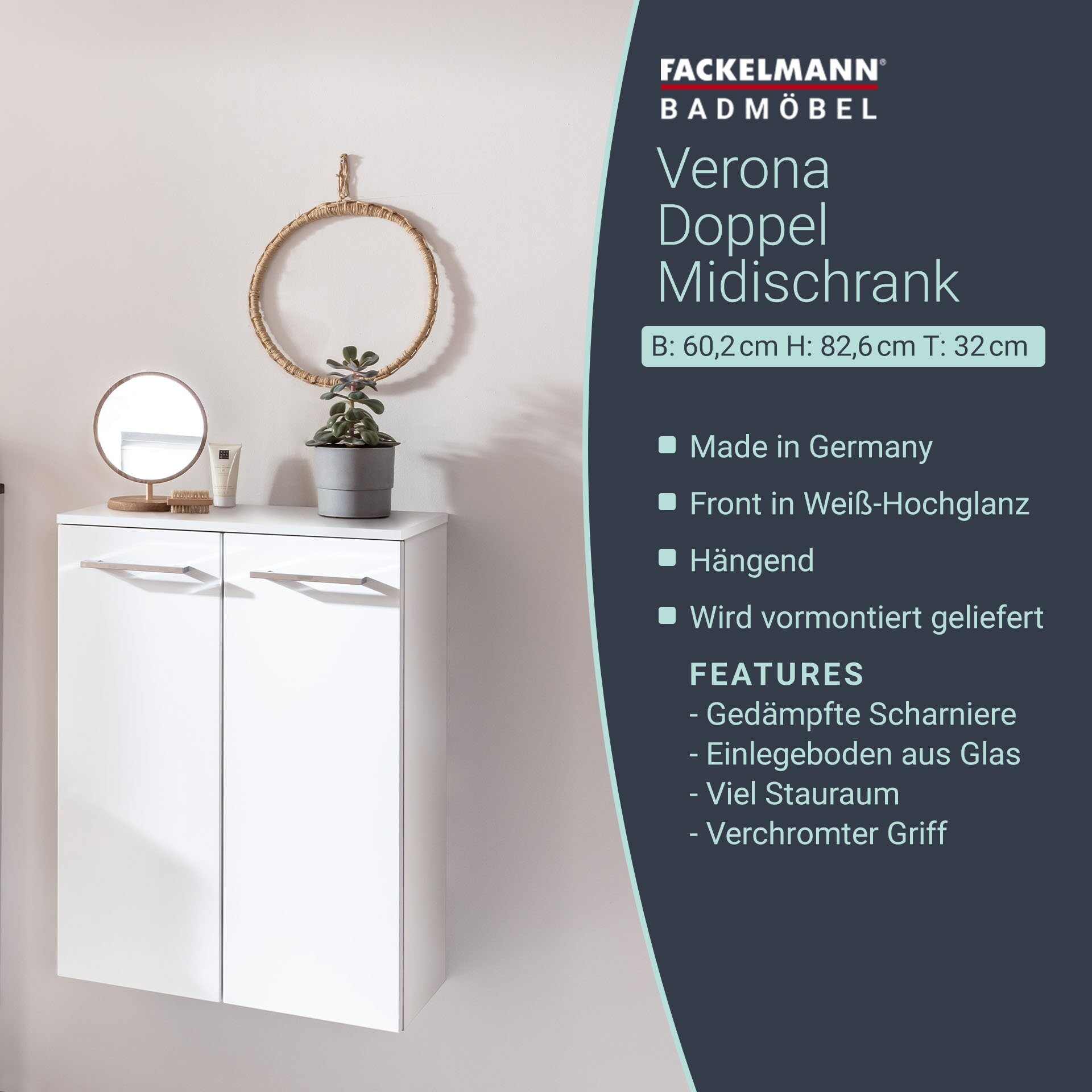 Fackelmann VERONA Doppel Midischrank mit Schublade 60 cm, Weiß Hochglanz