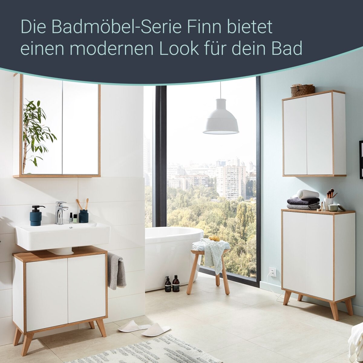 Fackelmann FINN Waschbeckenunterschrank 60 cm breit mit Füßen, Braun hell/Weiß