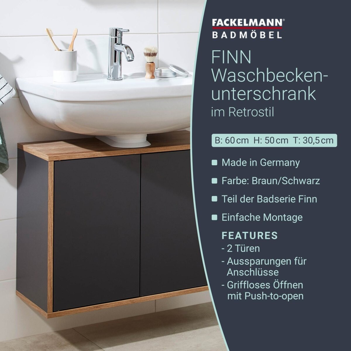 Fackelmann FINN Waschbeckenunterschrank 60 cm, Braun hell/Anthrazit