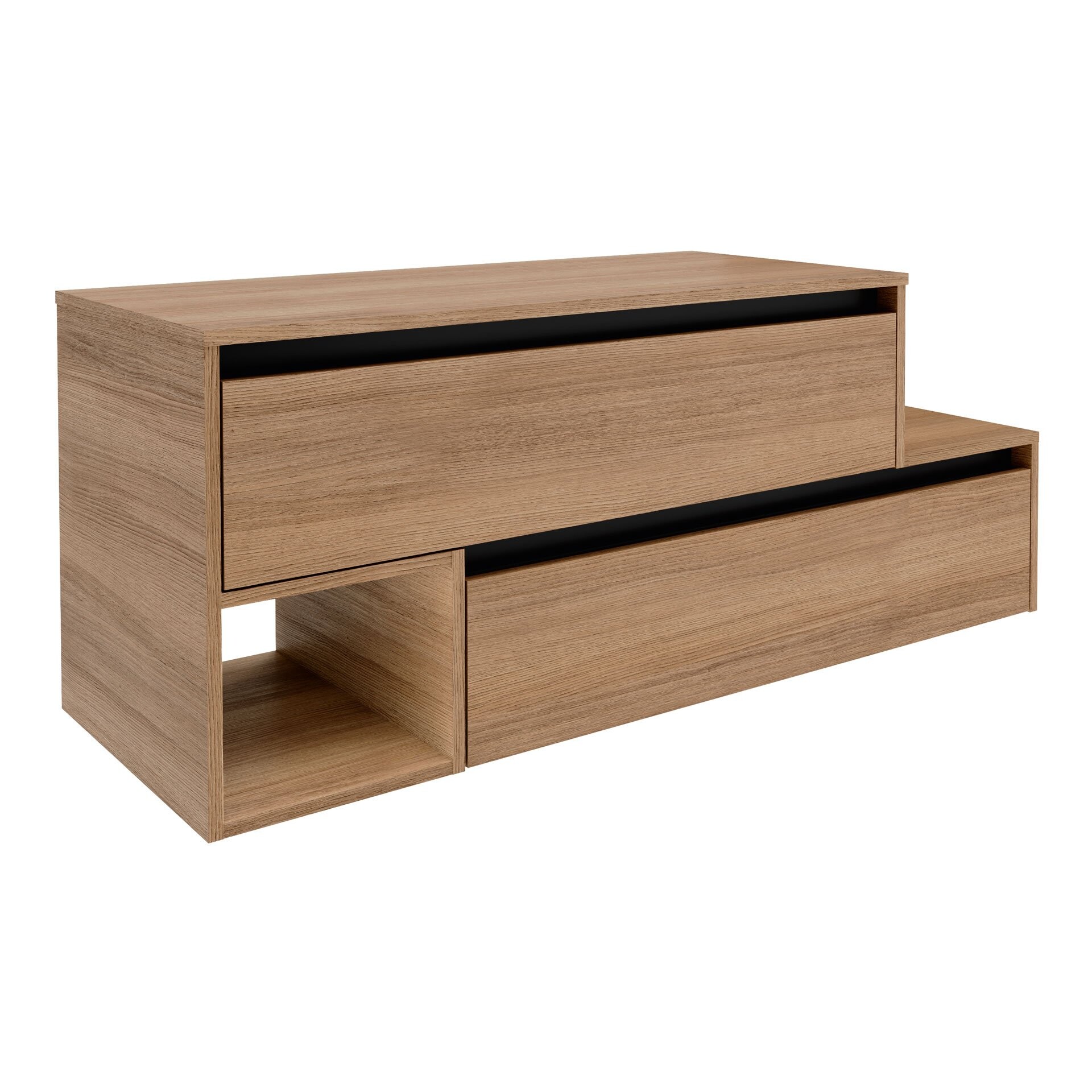 FACKELMANN VITA Waschbeckenunterschrank 129 cm breit, Braun hell, mit schwarzen Blenden, 1 Fach, Ablage rechts, asymmetrisch