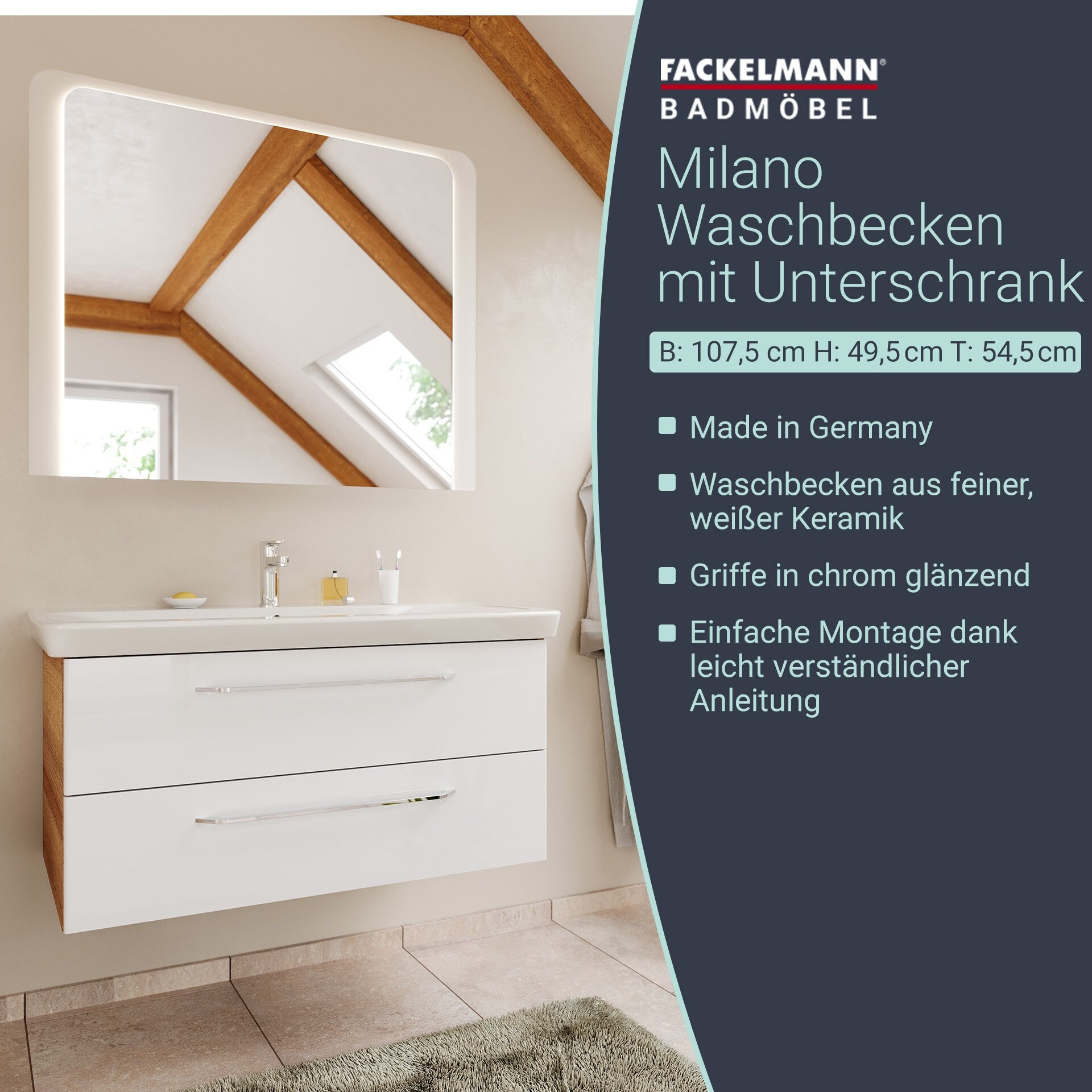 FACKELMANN MILANO Waschtisch mit Unterschrank, 107 cm breit, Braun hell/Weiß, Waschbecken Keramik FACKELMANN MILANO Waschtisch mit Unterschrank, 107 cm breit, Braun hell/Weiß, Waschbecken Keramik