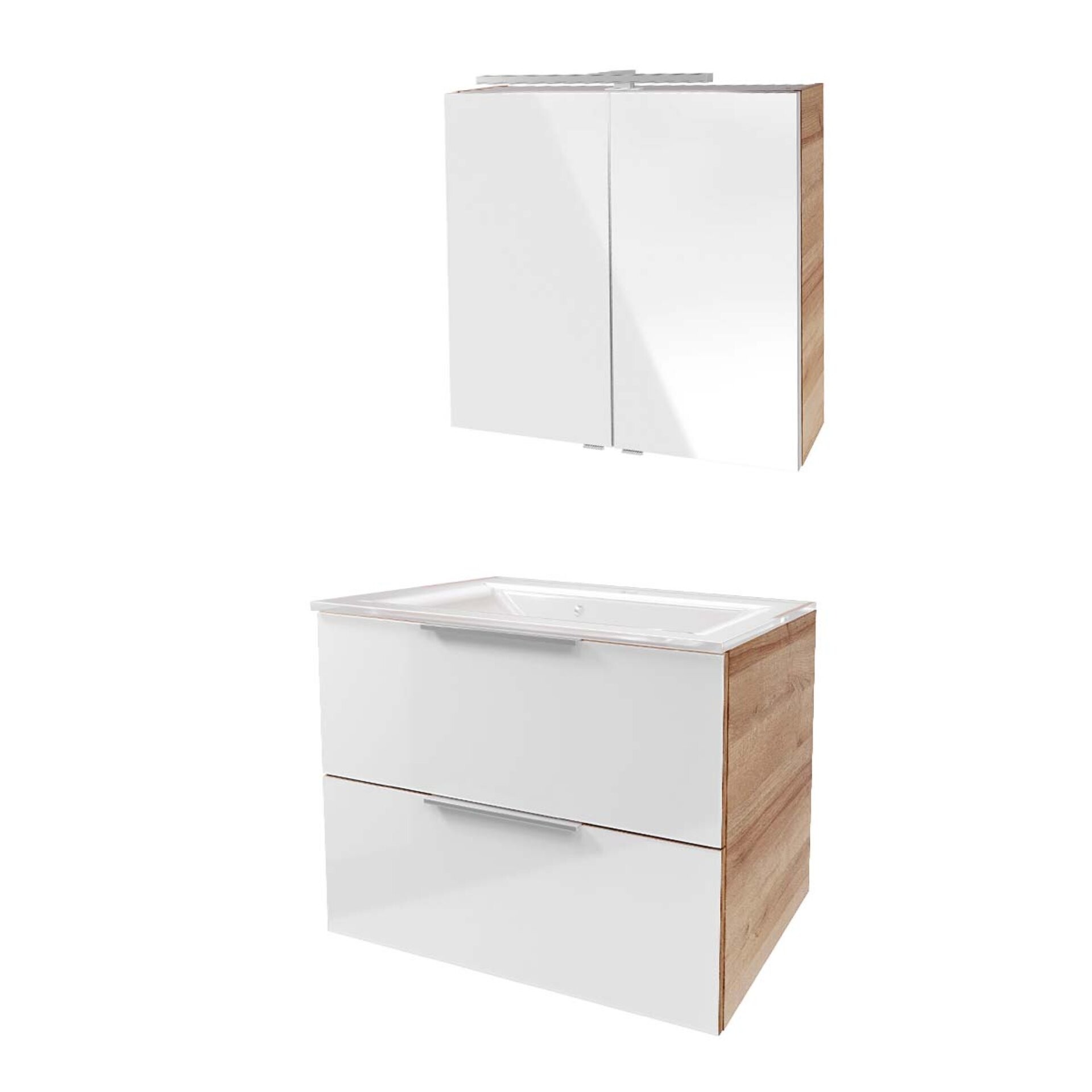 Fackelmann B.BRILLANT Badmöbel Set 3-teilig 80 cm, Weiß Glas/Braun hell, Glas Weiß+Spiegelschrank Fackelmann B.BRILLANT Badmöbel Set 3-teilig 80 cm, Weiß Glas/Braun hell, Glas Weiß+Spiegelschrank