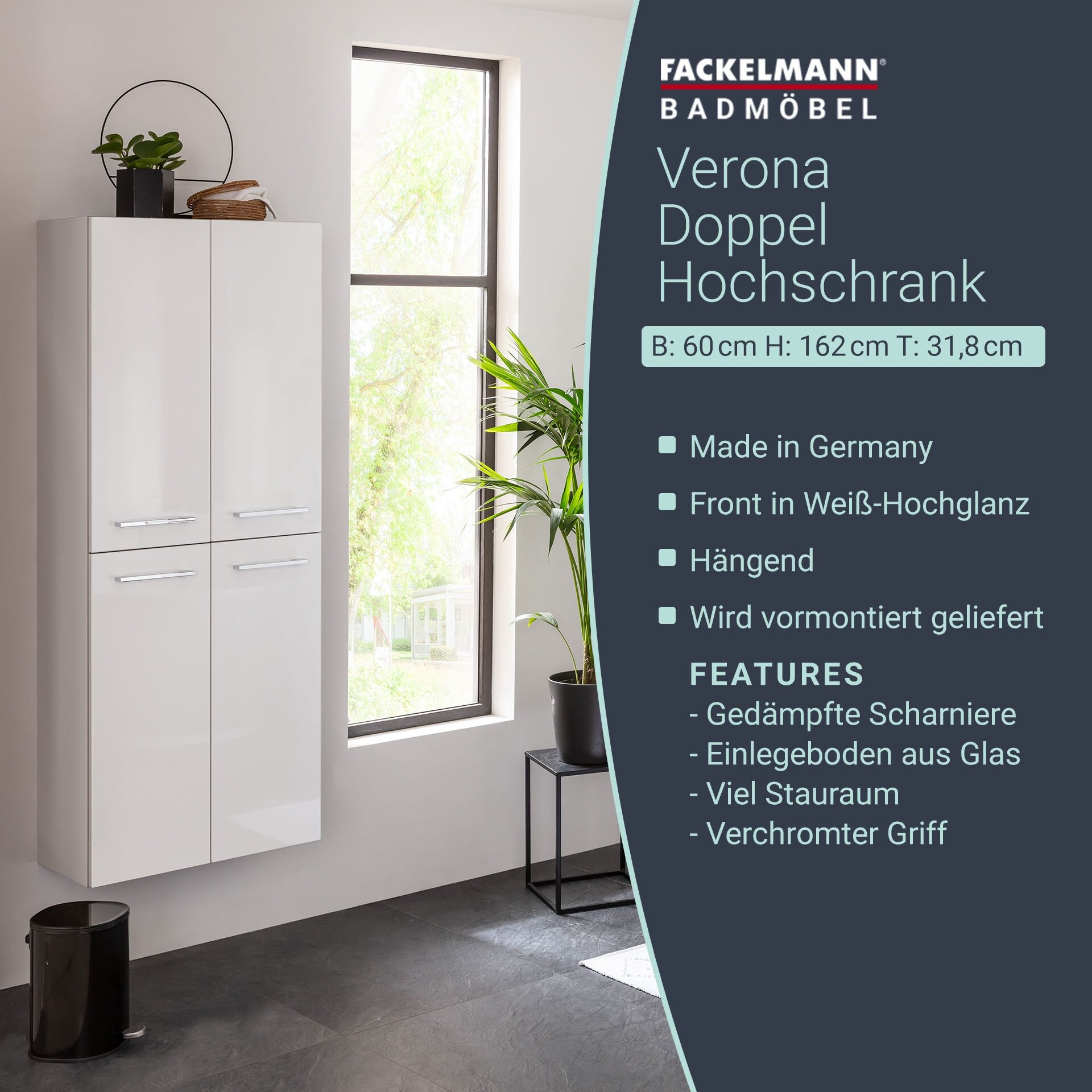 Fackelmann VERONA Doppel Hochschrank mit Schublade 60 cm, Weiß Hochglanz