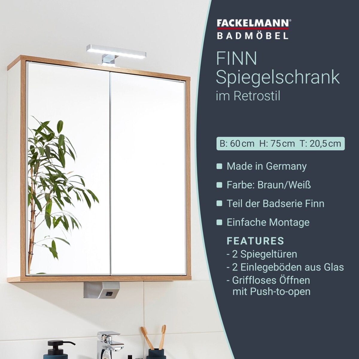 Fackelmann FINN Spiegelschrank 60 cm, Braun hell/Weiß