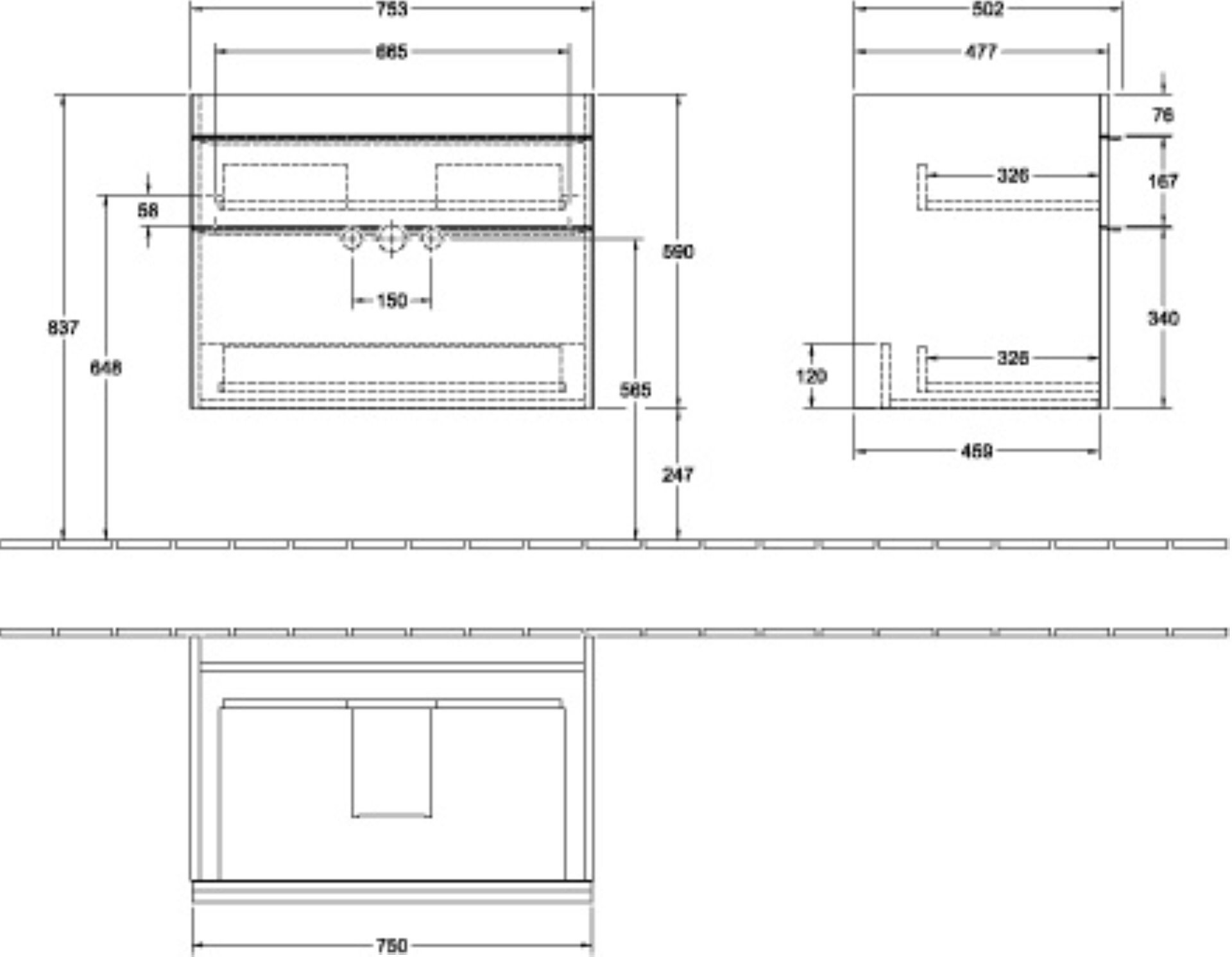 VILLEROY & BOCH VENTICELLO Waschbeckenunterschrank 75 cm breit, Weiß, Griff Chrom, 2 Schubladen