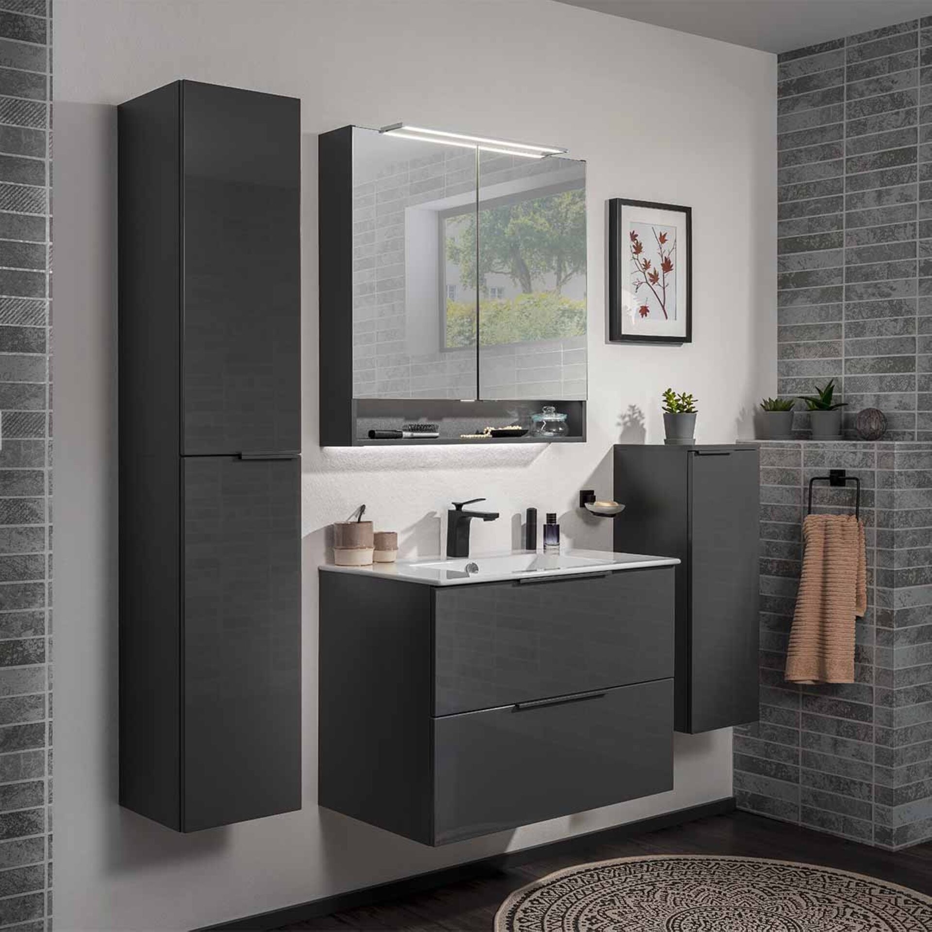 Fackelmann LUNA Badmöbel Set 4-teilig, 80 cm breit, Anthrazit, Keramik, LED Spiegelschrank Fackelmann LUNA Badmöbel Set 4-teilig, 80 cm breit, Anthrazit, Keramik, LED Spiegelschrank