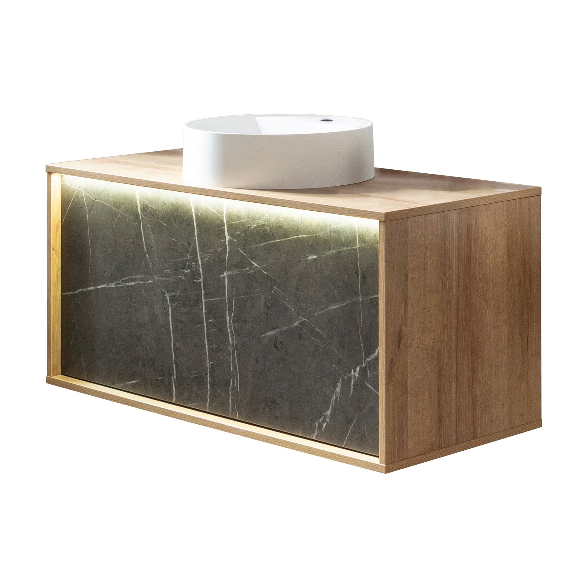 LANZET DUNE Waschbecken mit Unterschrank 100,3 cm breit, Braun hell/Marmor Grau, Aufsatzwaschbecken Gussmarmor Weiß, inkl. LED Beleuchtung