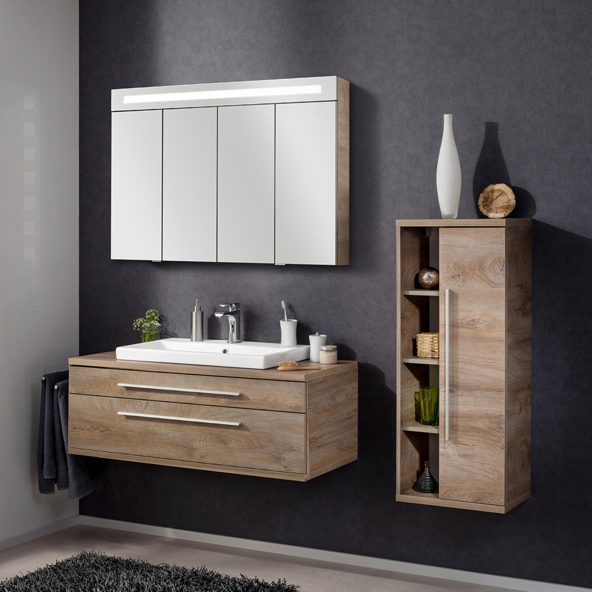 Fackelmann STANFORD Badmöbel Set 4-teilig, 110 cm breit, Braun, Keramik+Spiegelschrank+Midischrank r. Fackelmann STANFORD Badmöbel Set 4-teilig, 110 cm breit, Braun, Keramik+Spiegelschrank+Midischrank r.